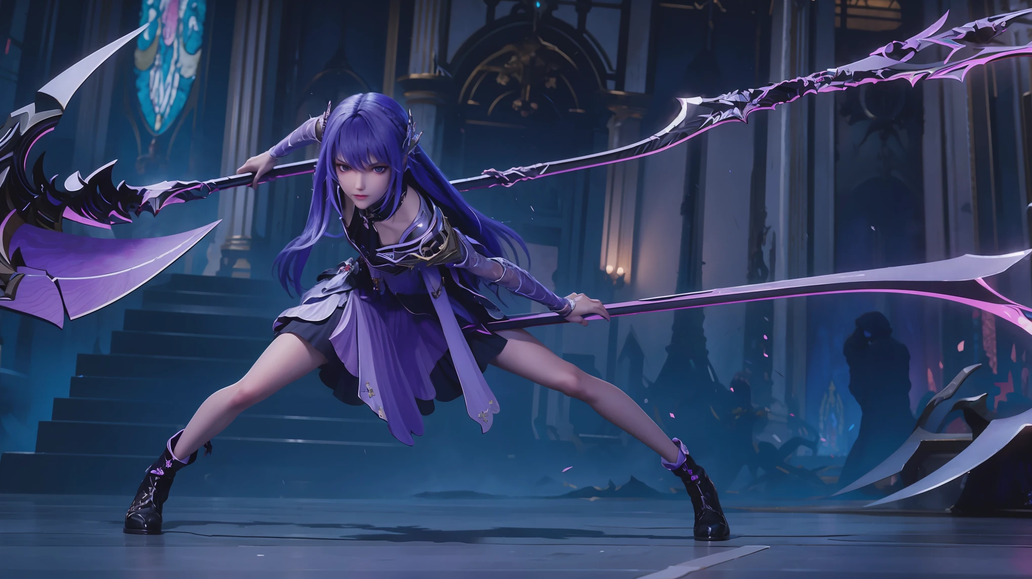 a woman with a grim reaper scythe in a dark room, anime girl, battle pose, leaning forward, holding scythe with one hand, supporting ground with other hand, crawling, attacking pose, full scene, full body shot, smooth, wearing a deep purple dress, ultra high resolution, purple long hair, purple eyes, caloretta, full body view, full body capture