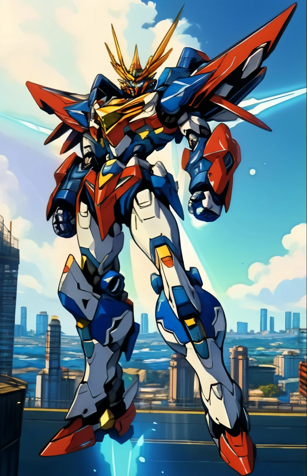 Humanoid Mecha, fully enclosed shoulder guards, matching arm and leg guards, full body, full armor, the design balances heavy with agility, (the color scheme is primarily white with red and blue accents, the concept Inspired by Super robot, organic biotech armor, standing, floating high above the futuristic sci-fi city), exquisite and mature art style, (aura effect, energy, glowing eyes, the armor glows), ((SRS)), metallic, dynamic, dramatic, high definition, best quality, highres, ultra-detailed, ultra-fine painting, extremely delicate, professional, perfect body proportions, anatomically correct, symmetrical face, extremely detailed eyes and face, high quality eyes, creativity, RAW photo, UHD, 32k, Natural light, cinematic lighting, masterpiece-anatomy-perfect, masterpiece:1.5