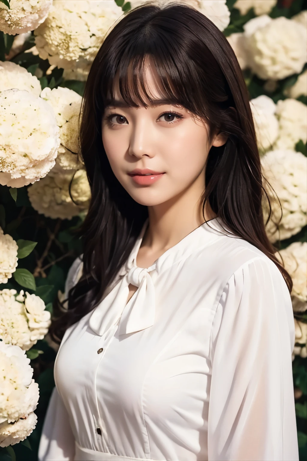 Medium Size Display, Medium Shot, Depth of the written border, bust, Upper Body, Movie angle, masterpiece, highest quality, Very detailed, CG, 8k wallpaper, Beautiful Face, Delicate eyes, Otome, alone, smile, bangs, skirt, shirt, have, White Dress, bow, petal, bouquet