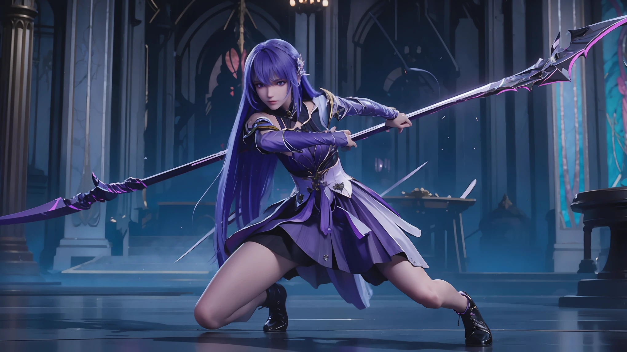 a woman with a grim reaper scythe in a dark room, anime girl, battle pose, leaning forward, holding scythe with one hand, supporting ground with other hand, crawling, attacking pose, full scene, full body shot, smooth, wearing a deep purple dress, ultra high resolution, purple long hair, purple eyes, caloretta, full body view, full body capture