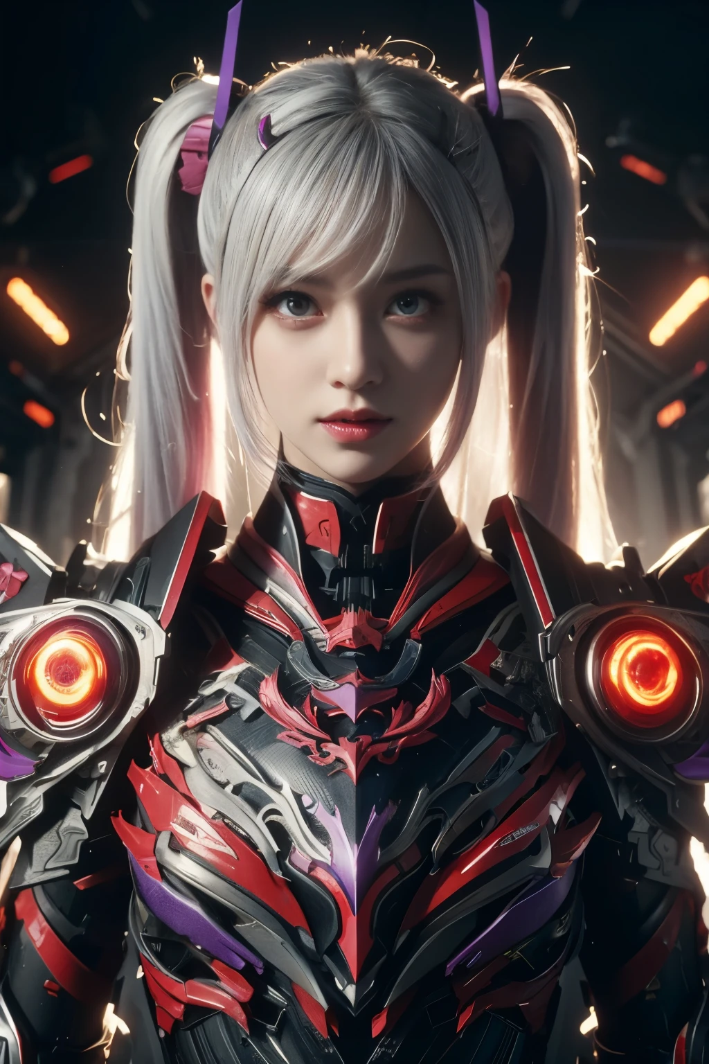 masterpiece, best quality, illustration, beautiful detailed eyes, colorful background, mechanical prosthesis, mecha coverage, emerging dark purple across with white hair, pig tails, disheveled hair, fluorescent purple, cool movement, rose red eyes, beatiful detailed cyberpunk city, multicolored hair, beautiful detailed glow, 1 girl, expressionless, cold expression, insanity, long bangs, long hair, lace, dynamic composition, motion, ultra - detailed, incredibly detailed, a lot of details, amazing fine details and brush strokes, smooth, hd semirealistic anime cg concept art digital painting, cyborg style,