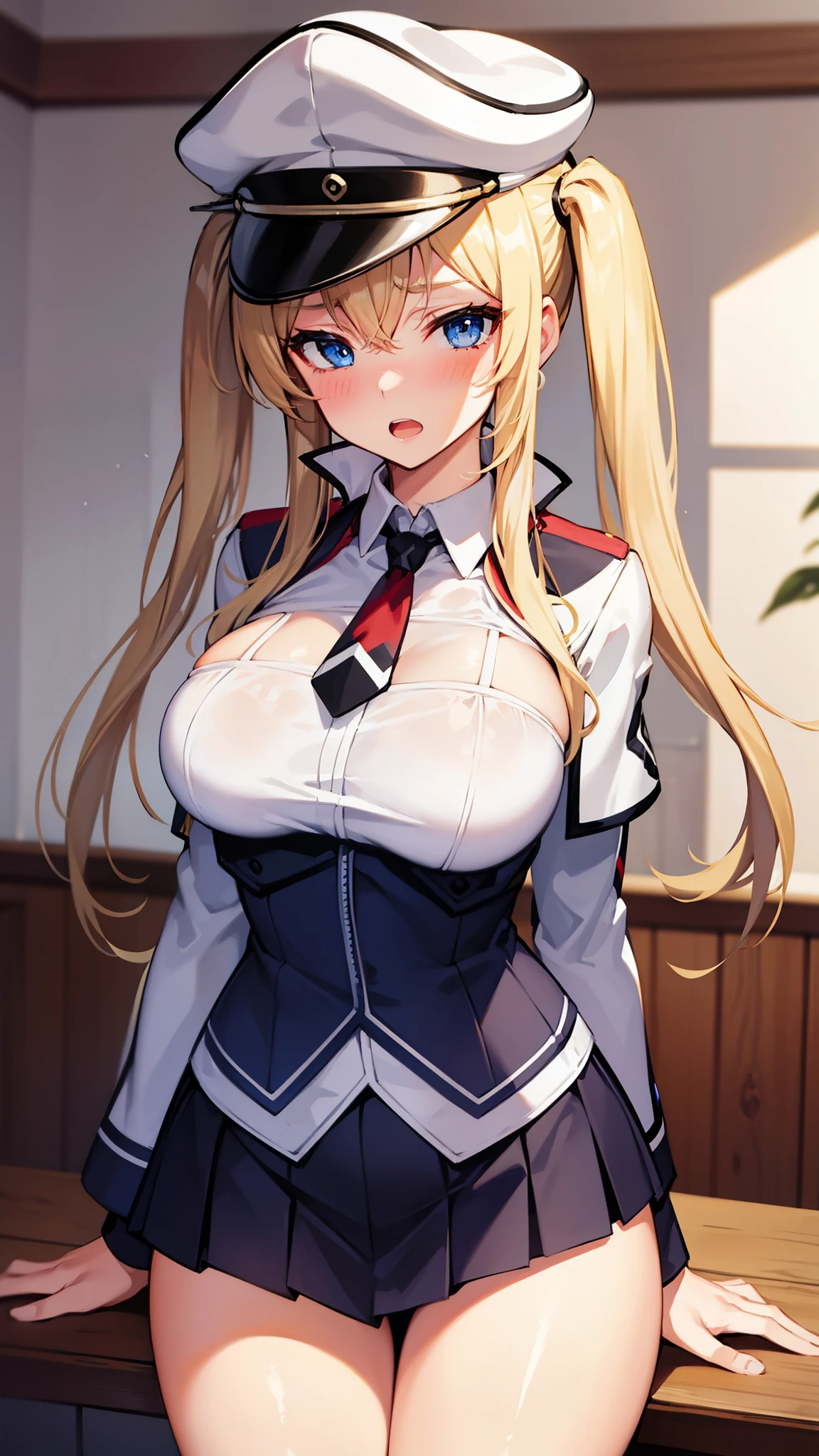 , large breasts, blonde hair,slim body,,large breast, open mouth, ,wide hips,blush,twintail,blue eyesmilitary uniform,hat