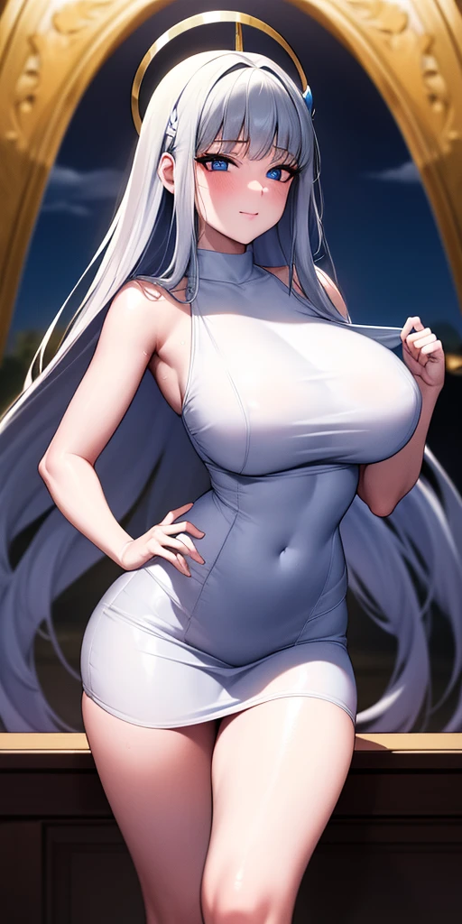 ((obra maestra)), ((mejor calidad)), (ultra detallado), ((extremadamente detallado)), 4k, (8K), mejor calidad, (Hermoso), estilo animado, mirar hacia arriba desde abajo, bar, Noche, una chica guapa, 1 chica, solo, traje, Hermoso rainbow hair, Hermoso blue eyes, ((Hermoso eyes)), De piel blanca, pendientes, cuello, sonrisa