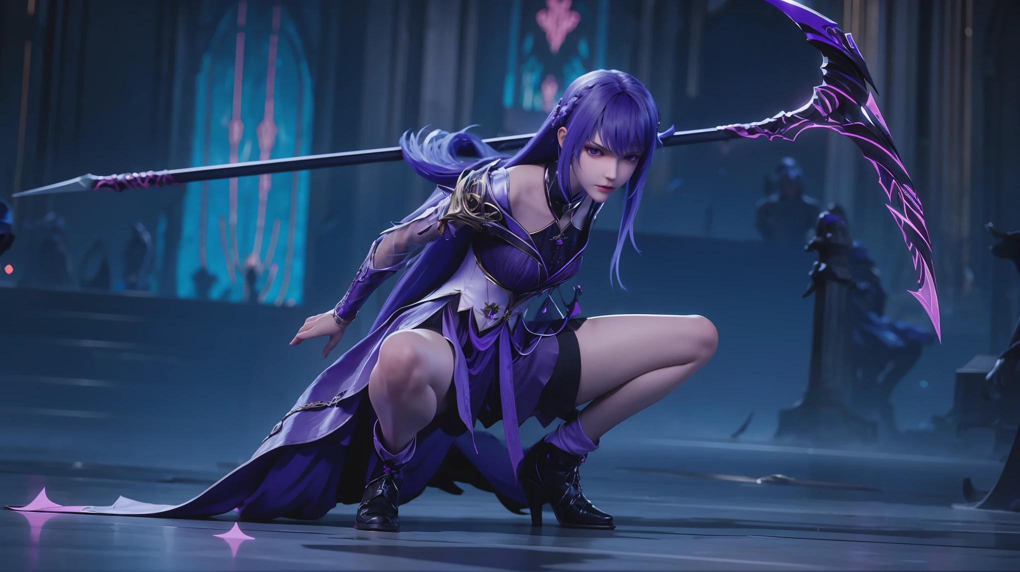 1girl, dark room, grim reaper, anime girl, battle pose, leaning forward, single hand holding scythe, single hand on ground, crouching, attacking pose, full body shot, high resolution, wearing dark purple dress, purple long hair, purple eyes, Karolina, full body perspective