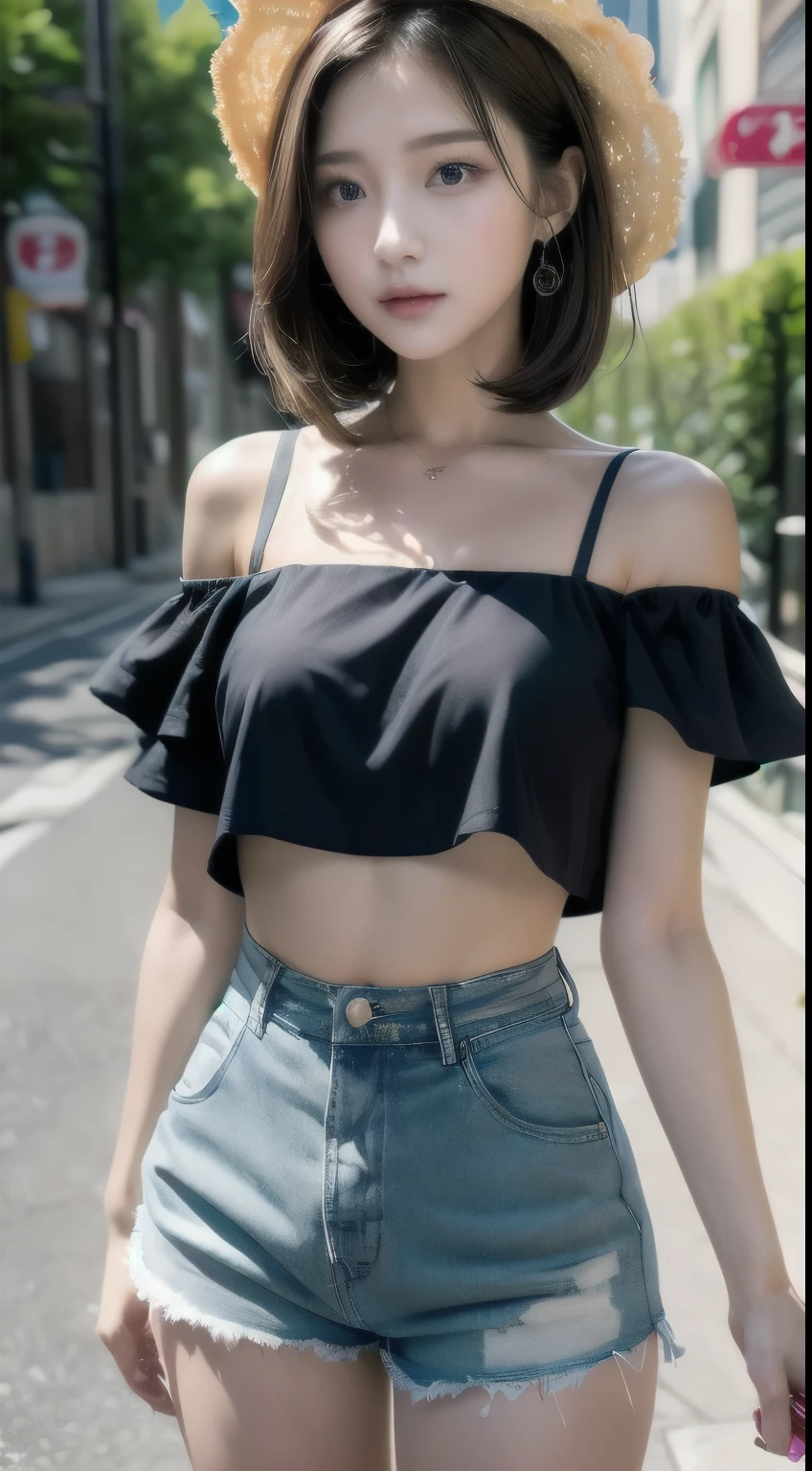 ((best quality, 8K, masterpiece: 1.3)), (Flower Hat: 1.3), focus: 1.2, Perfect body beauty: 1.4, Hips: 1.2, (Layered Hairstyle: 1.2)), (Dark Street: 1.3), Highly detailed face and skin textures, Upper Body, Delicateeyes, Double eyelids, Skin Whitening, long hair, (Round Face: 1.5), (Loose cropped top, shorts: 1.6)