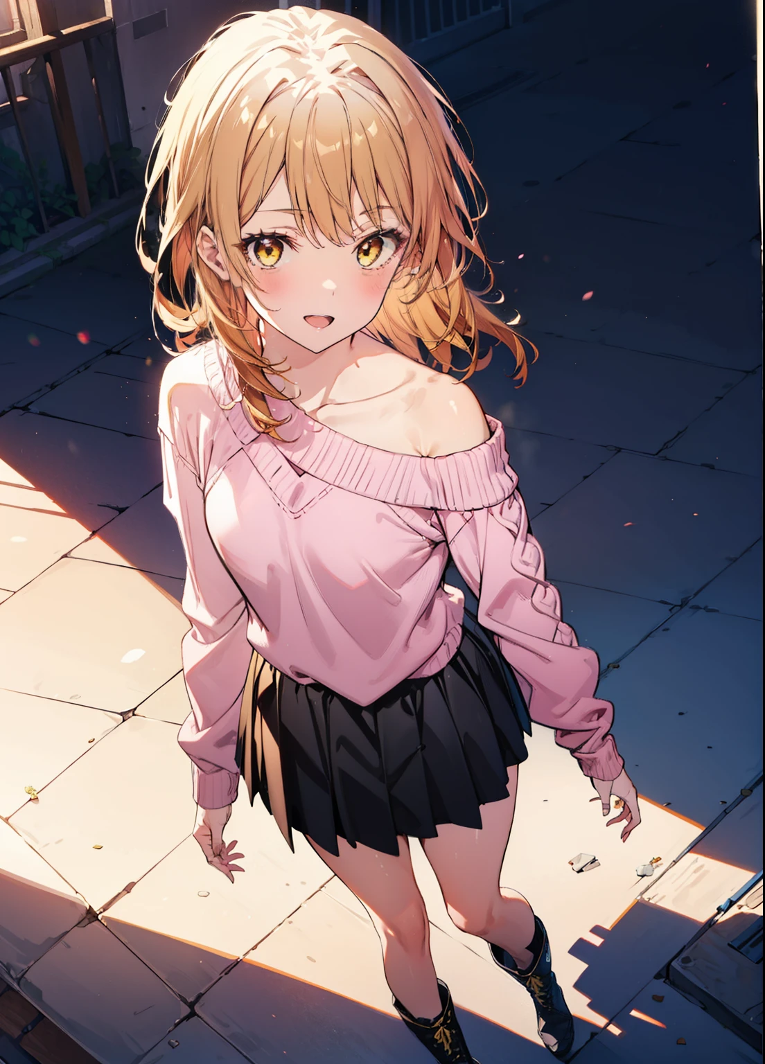 irohaisshiki, iroha isshiki, One Girl,Long Hair, Brown Hair, (Brown eyes:1.5), happy smile, smile, Open your mouth,Yellow one-shoulder sweater,Black long skirt,short boots,morning,morning陽,The sun is rising,whole bodyがイラストに入るように,Walking,
break outdoors, Building district,
break looking at viewer,whole body,
break (masterpiece:1.2), highest quality, High resolution, unity 8k wallpaper, (shape:0.8), (Beautiful details:1.6), Highly detailed face, Perfect lighting, Extremely detailed CG, (Perfect hands, Perfect Anatomy),