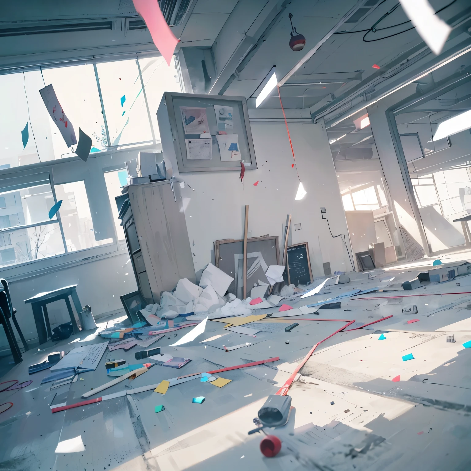 White chalk,A lot of chalk flying in the air like bullets,Air waves,Messy classrooms,unmanned,