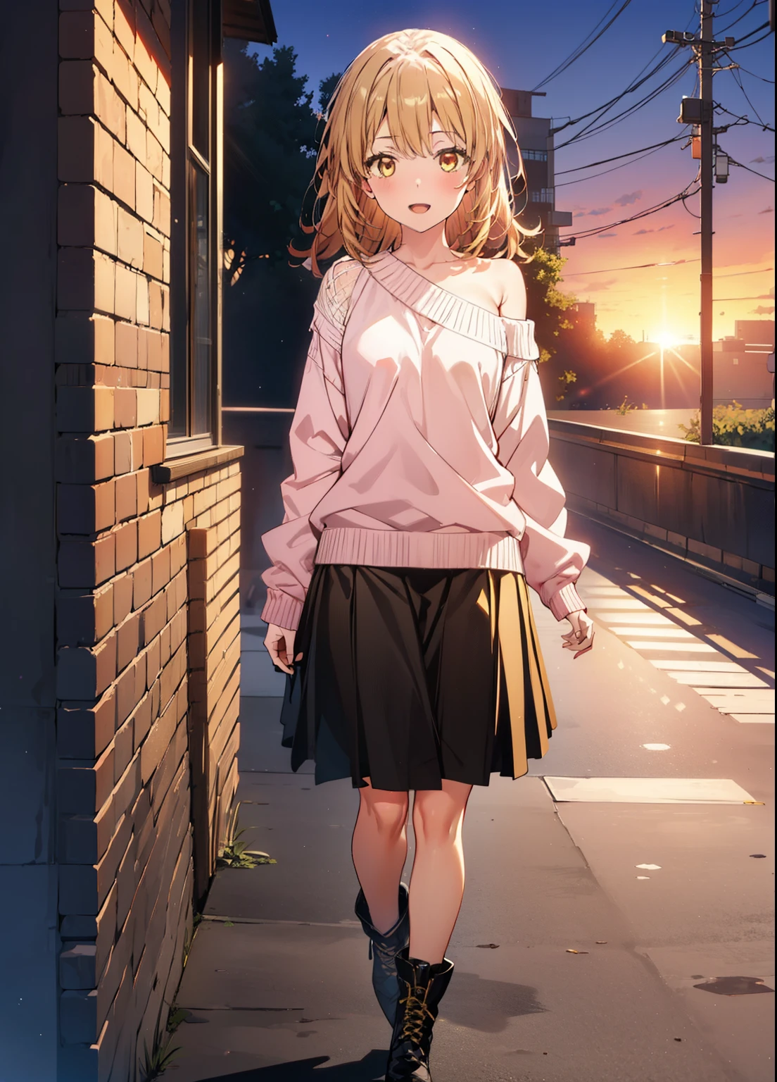 irohaisshiki, iroha isshiki, One Girl,Long Hair, Brown Hair, (Brown eyes:1.5), happy smile, smile, Open your mouth,Yellow one-shoulder sweater,Black long skirt,short boots,morning,morning陽,The sun is rising,whole bodyがイラストに入るように,Walking,
break outdoors, Building district,
break looking at viewer,whole body,
break (masterpiece:1.2), highest quality, High resolution, unity 8k wallpaper, (shape:0.8), (Beautiful details:1.6), Highly detailed face, Perfect lighting, Extremely detailed CG, (Perfect hands, Perfect Anatomy),