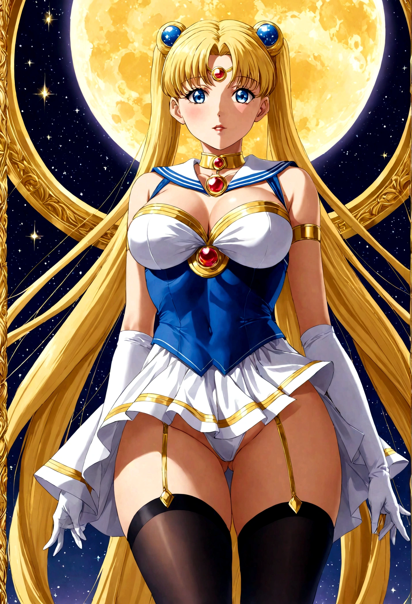 Sailor Moon, 35, is radiant in her iconic costume, striking a seductive pose that flaunts her huge, bra-less, covered breasts. Wearing a very short miniskirt and thigh high stocking with garter, high heel, the full-body shot, taken from below, shows her figure provocatively and gives a glimpse of her covered crotch. Shot in full frame, the image exudes a powerful allure reminiscent of the legendary heroine's youthful charm.