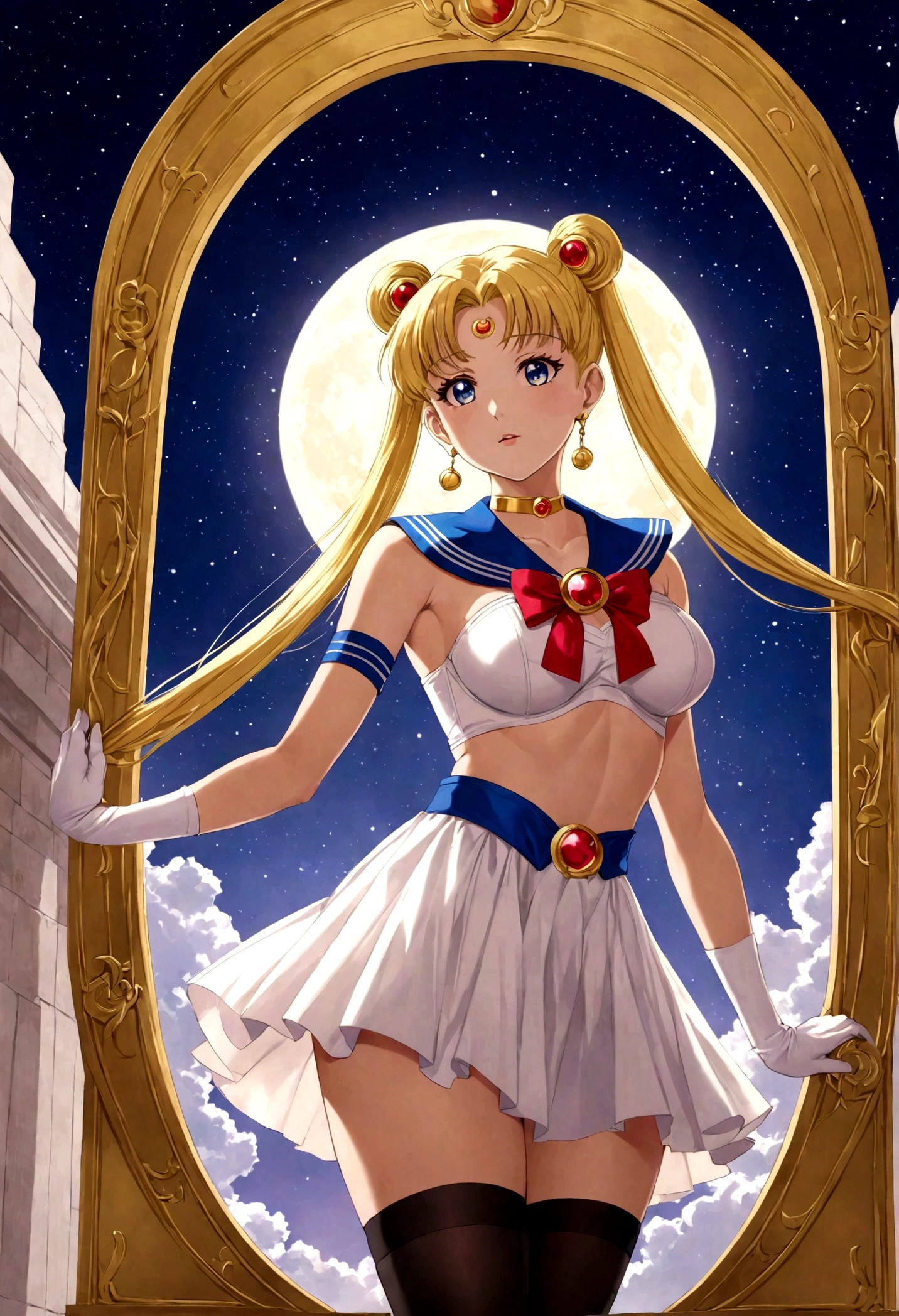 Sailor Moon, 35, is radiant in her iconic costume, striking a seductive pose that flaunts her huge, bra-less, covered breasts. Wearing a very short miniskirt and thigh high stocking with garter, high heel, the full-body shot, taken from below, shows her figure provocatively and gives a glimpse of her covered crotch. Shot in full frame, the image exudes a powerful allure reminiscent of the legendary heroine's youthful charm.