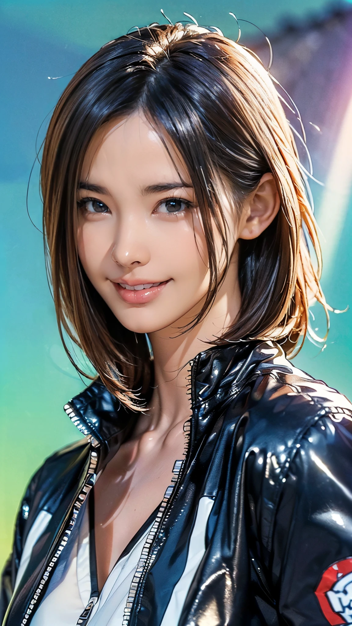 (((masterpiece:1.5),(highest quality:1.5),(Very detailed:1.5),(High resolution:1.5),(Realistic:1.5),(Photorealistic:1.5),(Delicate depiction),(Gentle colors))),8k,wallpaper,BREAK,1 girl,New female employee,(Face close-up:1.5),(front),Japanese,Short Bob,(Black Hair),(Beautiful Hair:1.5),(Shiny Hair:1.3),(Detailed hair drawing:1.2),(Peering in:1.5),(Fine skin:1.5),(Shiny skin:1.3),(Beautiful Face:1.5),(Cute Face:1.5),(smile:1.5),(Smiling with mouth closed:1.5),(Beautiful Teeth),((Wearing a stylish jacket:1.5)),((Wearing a cute shirt:1,5)),(Vivid clothing drawings),(Spring background:1.5),((Gentle sunlight through the trees:1.5)),(((Blur the background:1.5)))