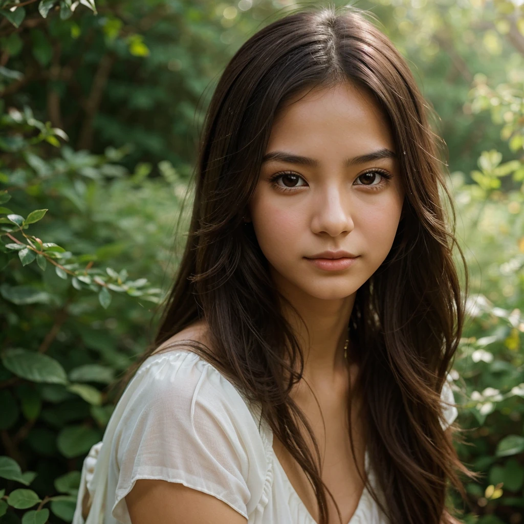 Create an image of a young woman aged 18 to 20, with Asian and Spanish mixed heritage. She should have a dreamy, ethereal look, characterized by her delicate and soft facial features. Her long, silky hair should flow gracefully, complementing her slim and slender build. She should have a serene expression, with slightly wistful eyes that convey a sense of wonder and imagination. The background should be soft and blurred, enhancing her dreamy aura.