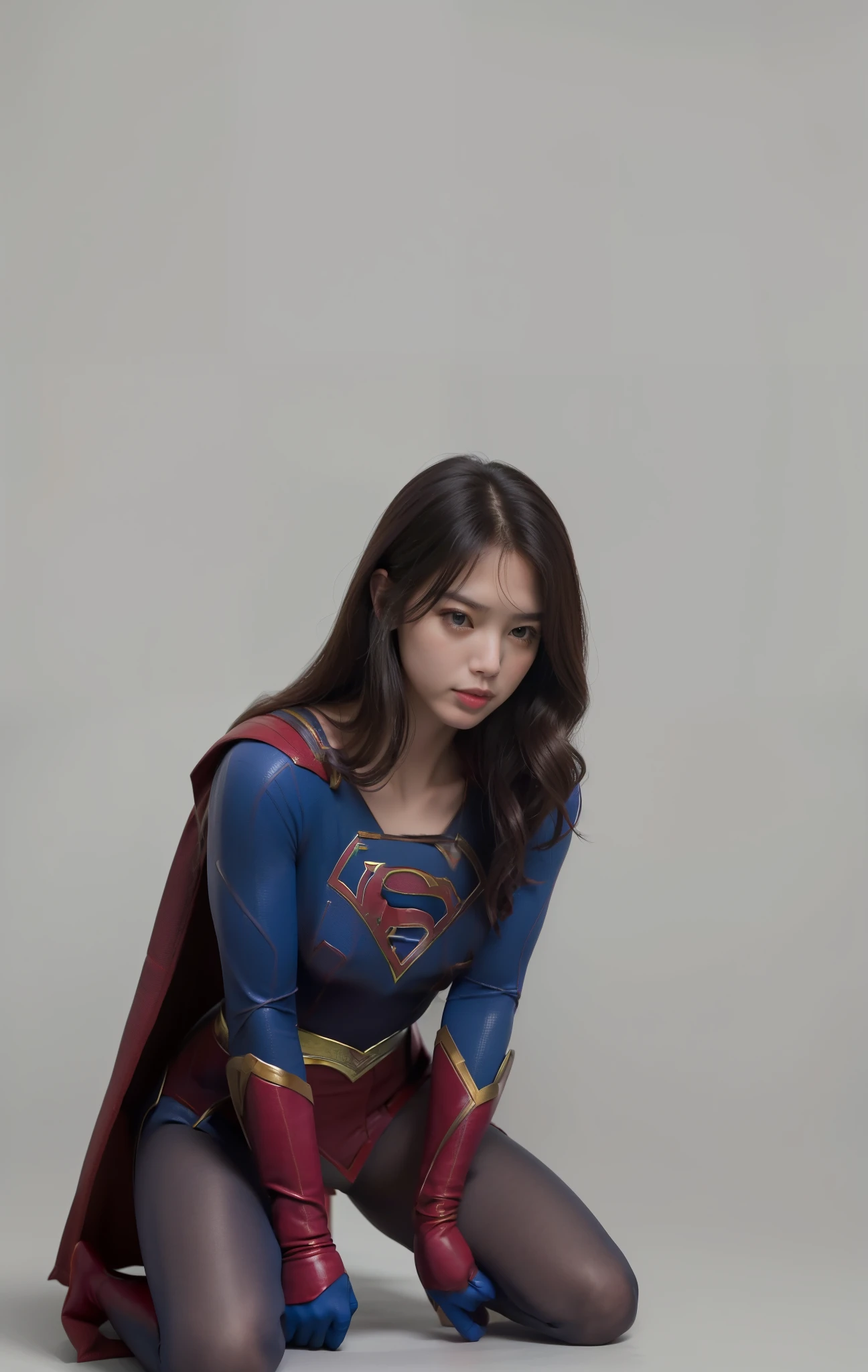 (((Make the most of your original images)))、(((Kneeling Supergirl)))、(((Supergirl being defeated)))、(((Supergirl's costume is ripped and full of holes.)))、(((hang)))、(((close your eyes、Sleeping)))、((bra、weak legs))、(((Downward、Pushed down)))、((obtain))、((suffering))、((Doll condition))、((suffering))、(((Wear red gloves)))、(((Shiny black hair)))