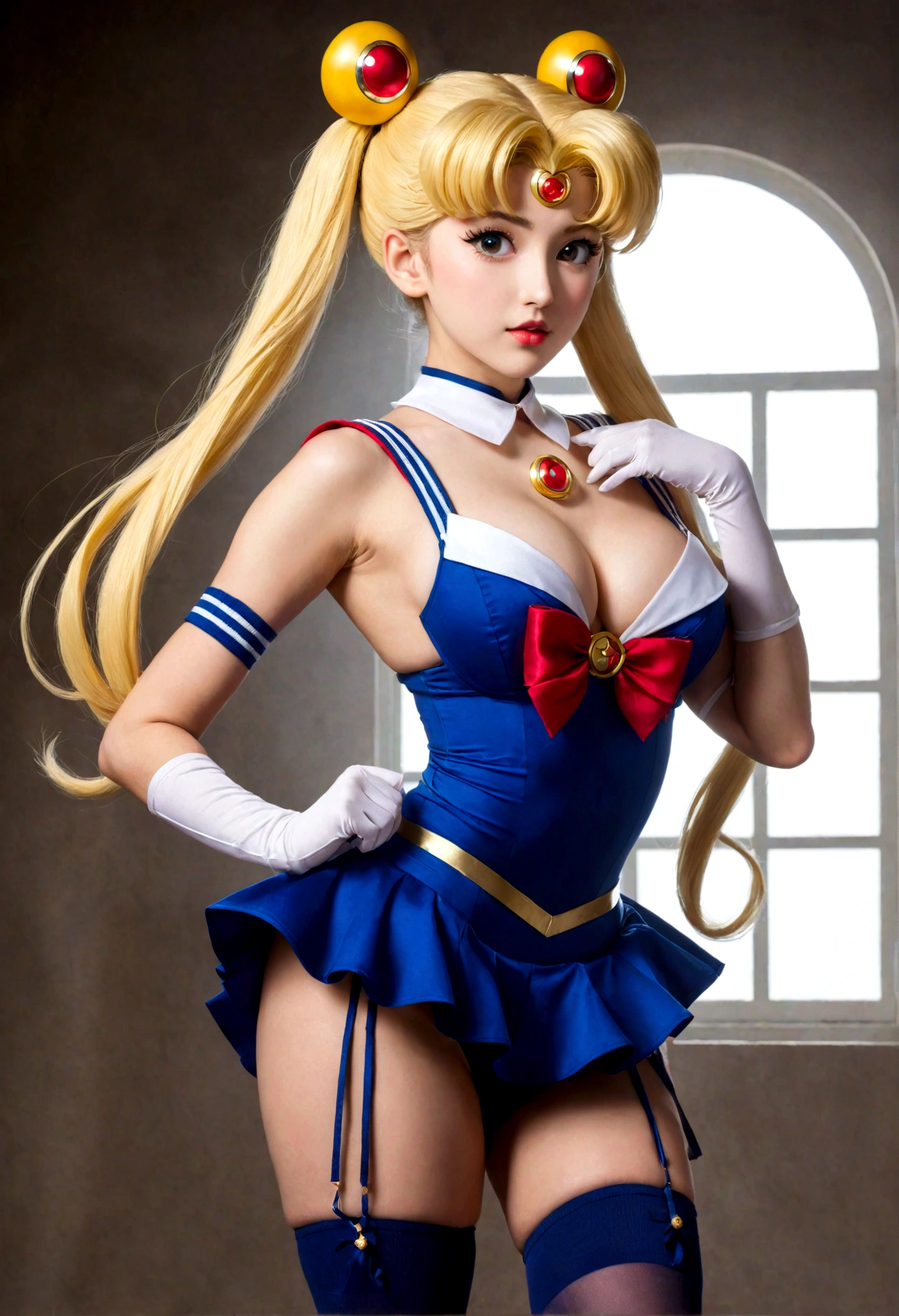 Sailor Moon, 35, is radiant in her iconic costume, striking a seductive pose that flaunts her huge, bra-less, covered breasts. Wearing a very short miniskirt and thigh high stocking with garter, high heel, the full-body shot, taken from below, shows her figure provocatively and gives a glimpse of her covered crotch. Shot in full frame, the image exudes a powerful allure reminiscent of the legendary heroine's youthful charm.