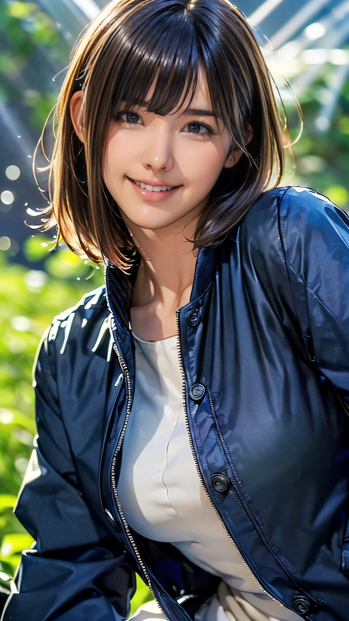 (((masterpiece:1.5),(highest quality:1.5),(Very detailed:1.5),(High resolution:1.5),(Realistic:1.5),(Photorealistic:1.5),(Delicate depiction),(Gentle colors))),8k,wallpaper,BREAK,1 girl,New female employee,(Face close-up:1.5),(front),Japanese,Short Bob,(Black Hair),(Beautiful Hair:1.5),(Shiny Hair:1.3),(Detailed hair drawing:1.2),(Peering in:1.5),(Fine skin:1.5),(Shiny skin:1.3),(Beautiful Face:1.5),(Cute Face:1.5),(smile:1.5),(Smiling with mouth closed:1.5),(Beautiful Teeth),((Wearing a stylish navy blue jacket:1.5)),((Wearing a cute shirt:1,5)),(Very delicate and beautiful brightly colored clothing:1.4),(Spring background:1.5),(crepuscular rays:1.5),(((Blur the background:1.5)))