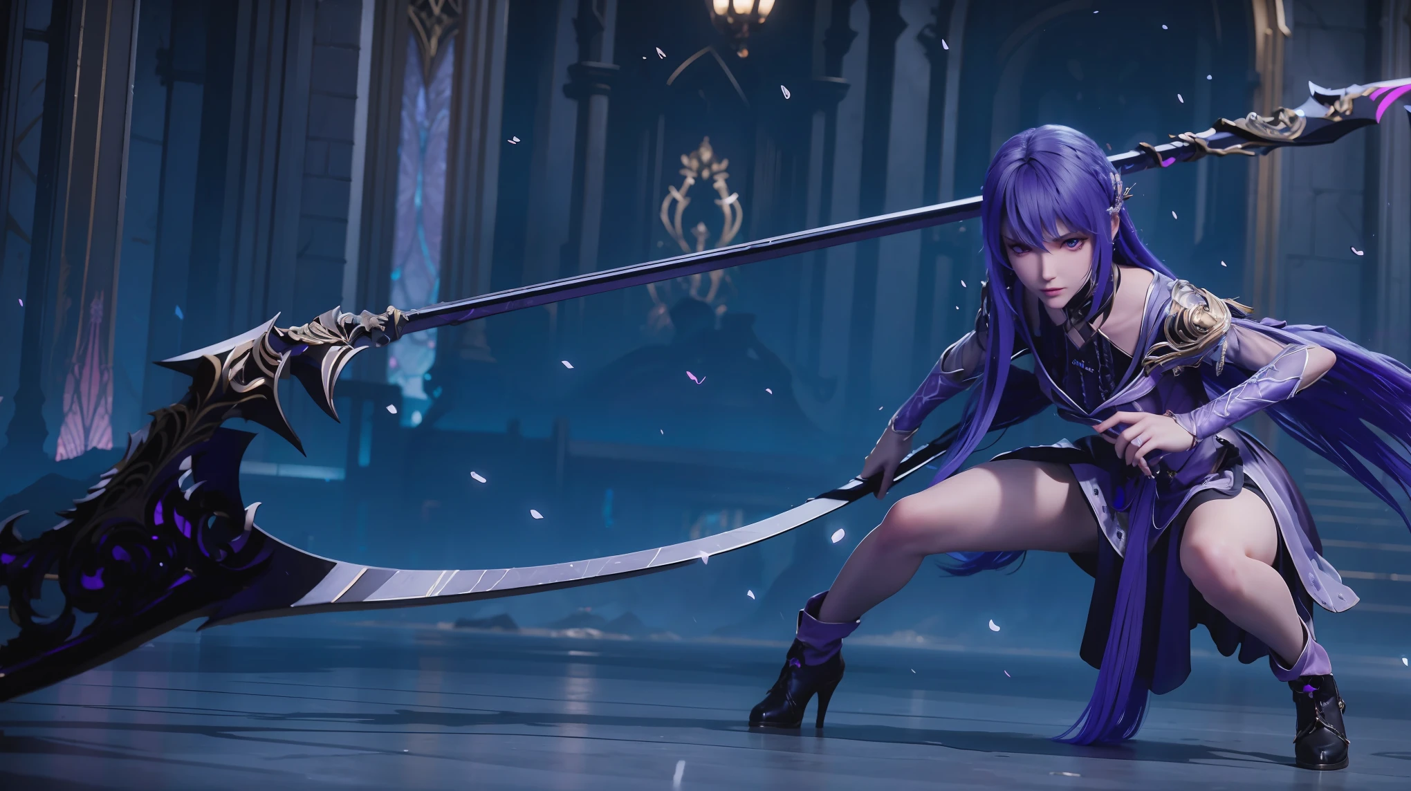 a dark-haired girl in a dark room, holding a grim reaper's scythe, anime style, battle-ready pose, leaning forward, one hand holding the scythe, one hand on the ground, crouching, attacking stance, full body shot, high resolution, wearing a deep purple dress, long purple hair, purple eyes, Caladrius, full body view