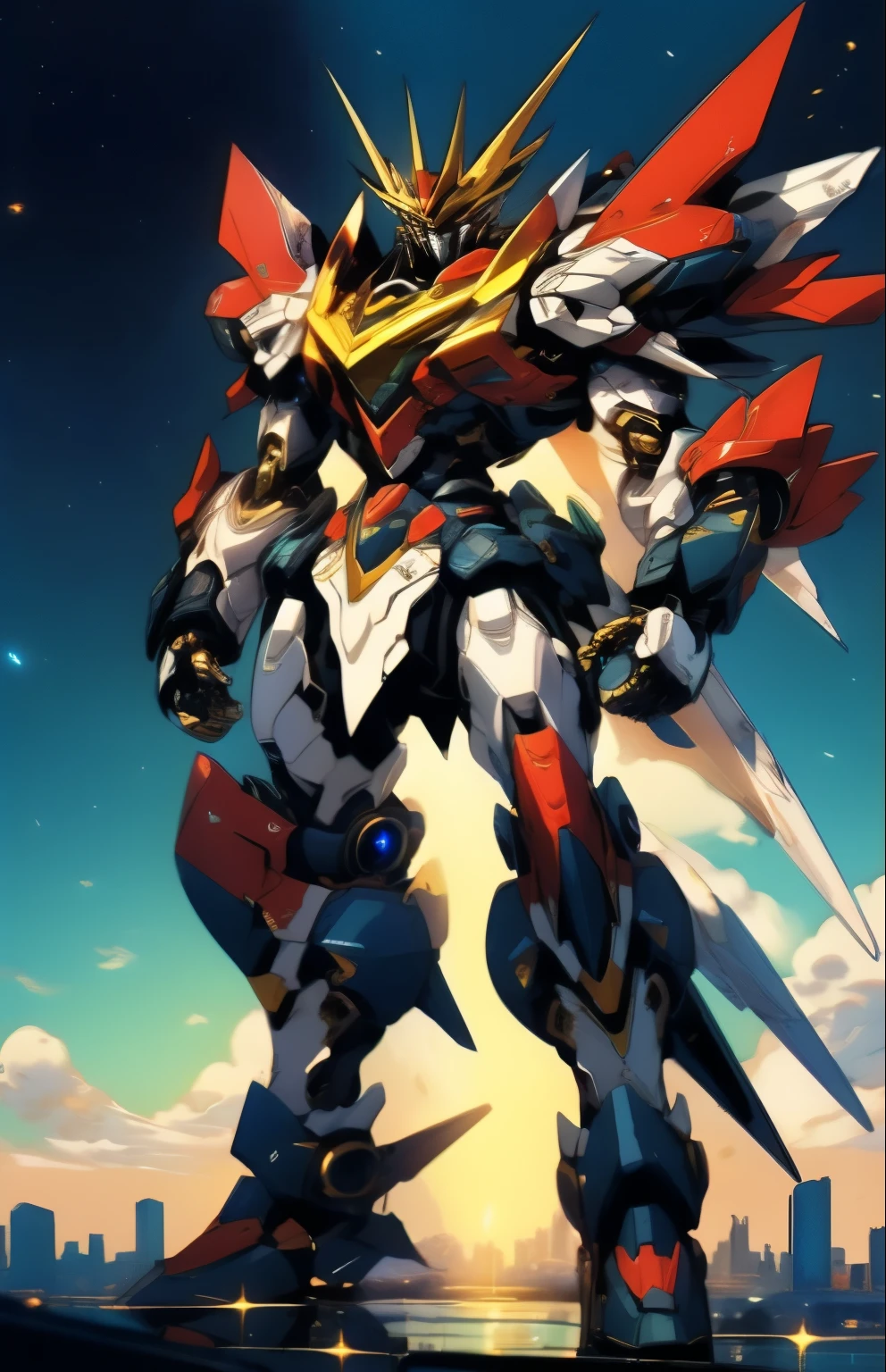 Humanoid Mecha, fully enclosed shoulder guards, matching arm and leg guards, full body, full armor, the design balances heavy with agility, (the color scheme is primarily white with red and blue accents, the concept Inspired by Super robot, organic biotech armor, standing, floating high above the futuristic sci-fi city), exquisite and mature art style, (aura effect, energy, glowing eyes, the armor glows), ((SRS)), metallic, dynamic, dramatic, high definition, best quality, highres, ultra-detailed, ultra-fine painting, extremely delicate, professional, perfect body proportions, anatomically correct, symmetrical face, extremely detailed eyes and face, high quality eyes, creativity, RAW photo, UHD, 32k, Natural light, cinematic lighting, masterpiece-anatomy-perfect, masterpiece:1.5