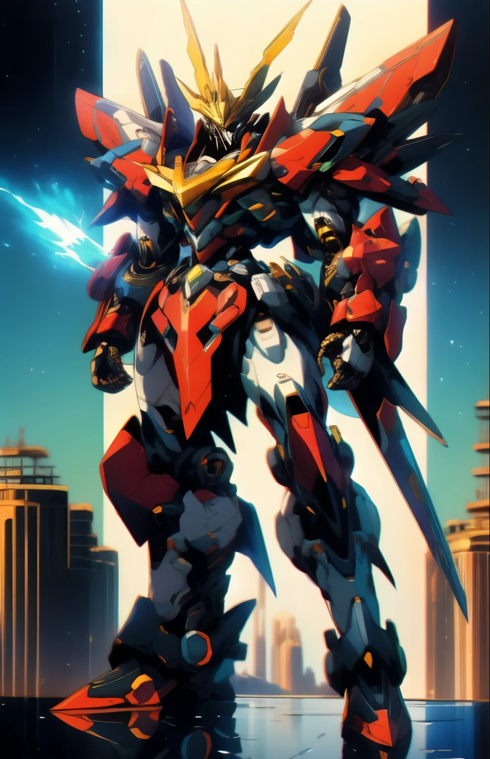 Humanoid Mecha, fully enclosed shoulder guards, matching arm and leg guards, full body, full armor, the design balances heavy with agility, (the color scheme is primarily white with red and blue accents, the concept Inspired by Super robot, organic biotech armor, standing, floating high above the futuristic sci-fi city), exquisite and mature art style, (aura effect, energy, glowing eyes, the armor glows), ((SRS)), metallic, dynamic, dramatic, high definition, best quality, highres, ultra-detailed, ultra-fine painting, extremely delicate, professional, perfect body proportions, anatomically correct, symmetrical face, extremely detailed eyes and face, high quality eyes, creativity, RAW photo, UHD, 32k, Natural light, cinematic lighting, masterpiece-anatomy-perfect, masterpiece:1.5