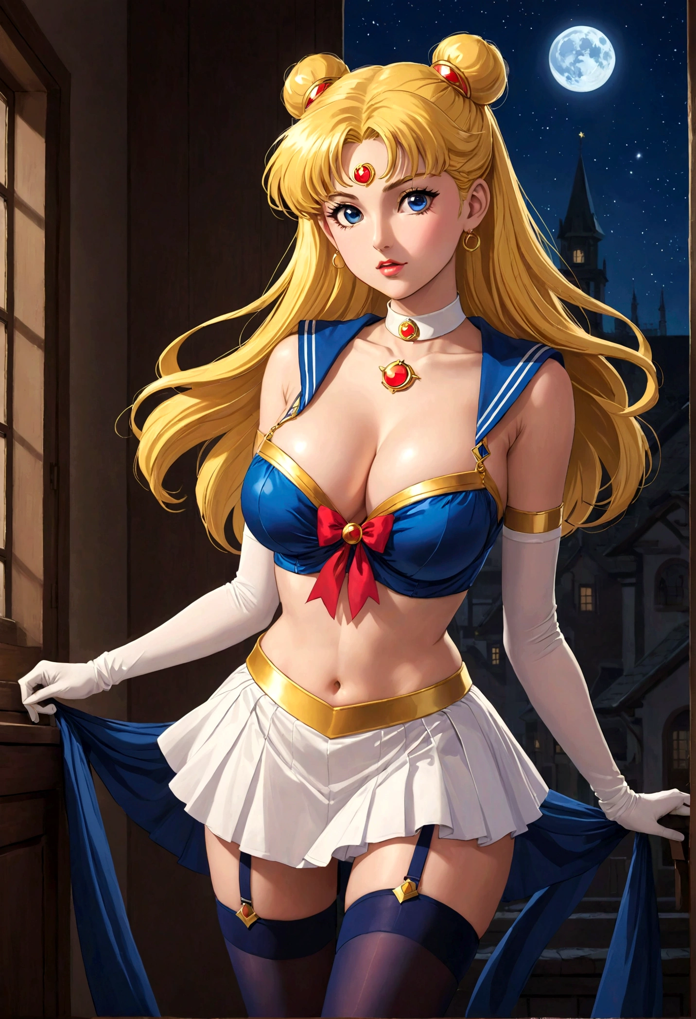 Sailor Moon, 35, is radiant in her iconic costume, striking a seductive pose that flaunts her huge, bra-less, covered breasts. Wearing a very short miniskirt and thigh high stocking with garter, high heel, the full-body shot, taken from below, shows her figure provocatively and gives a glimpse of her covered crotch. Shot in full frame, the image exudes a powerful allure reminiscent of the legendary heroine's youthful charm.