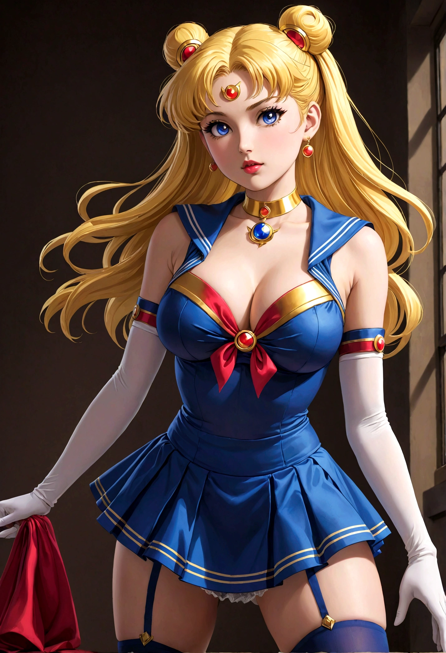 Sailor Moon, 35, is radiant in her iconic costume, striking a seductive pose that flaunts her huge, bra-less, covered breasts. Wearing a very short miniskirt and thigh high stocking with garter, high heel, the full-body shot, taken from below, shows her figure provocatively and gives a glimpse of her covered crotch. Shot in full frame, the image exudes a powerful allure reminiscent of the legendary heroine's youthful charm.