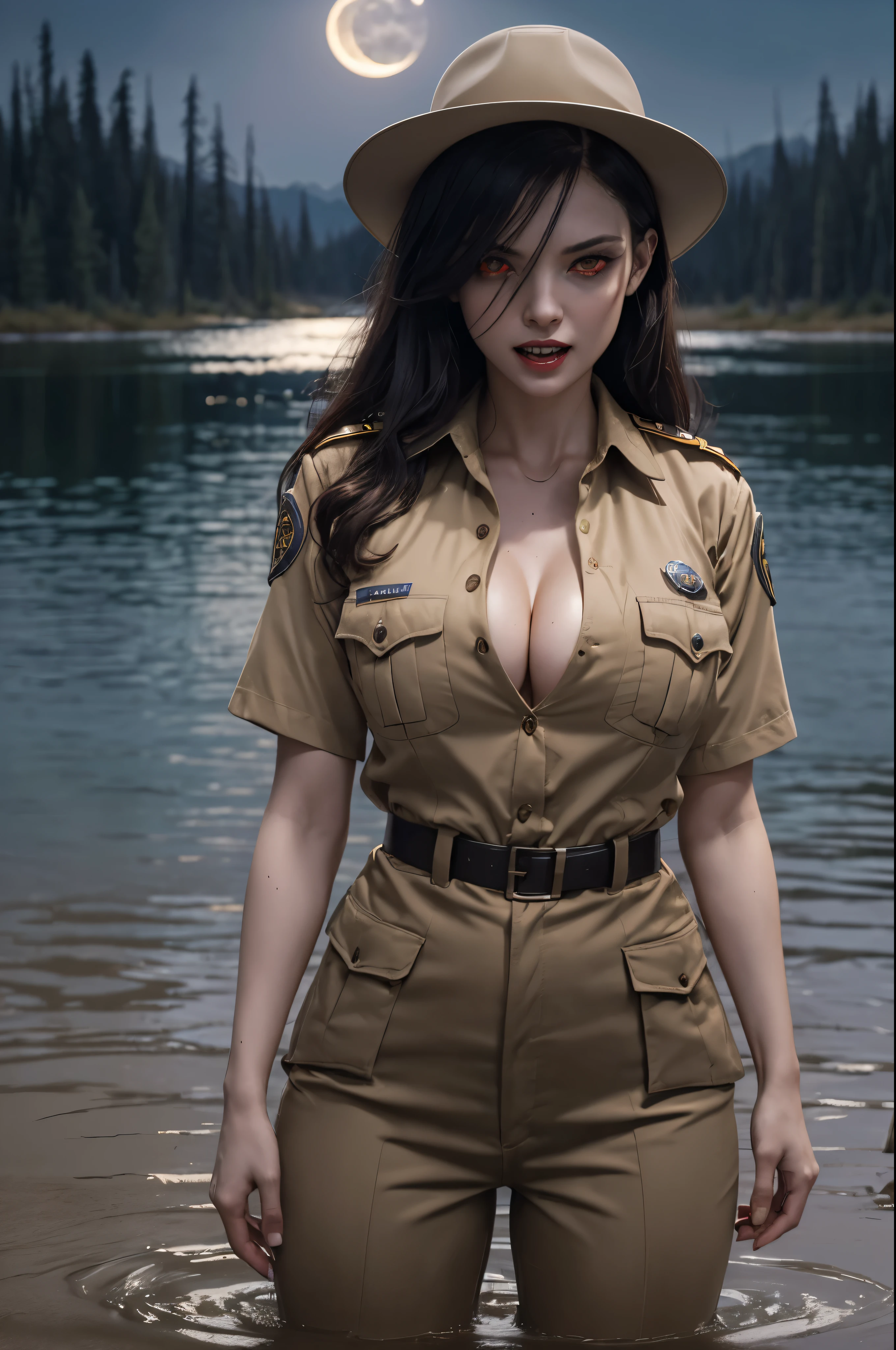 (((night, moonlight))) ((a deserted lake)) Vampire woman, (((red eyes and fangs))), pale skin, (((park ranger uniform, beige National Park uniform, short sleeves)))), sexy, (open shirt, cleavage, NSFW), (open mouth, blood on mouth), (evil grin), looking at viewer, ((full figure)), (standing in lake), sopping wet, style of a painted book illustration, blues and purples, dramatic lighting, ((depth of field)), ((masterpiece)), ((best quality)), ((highly detailed)), horror theme