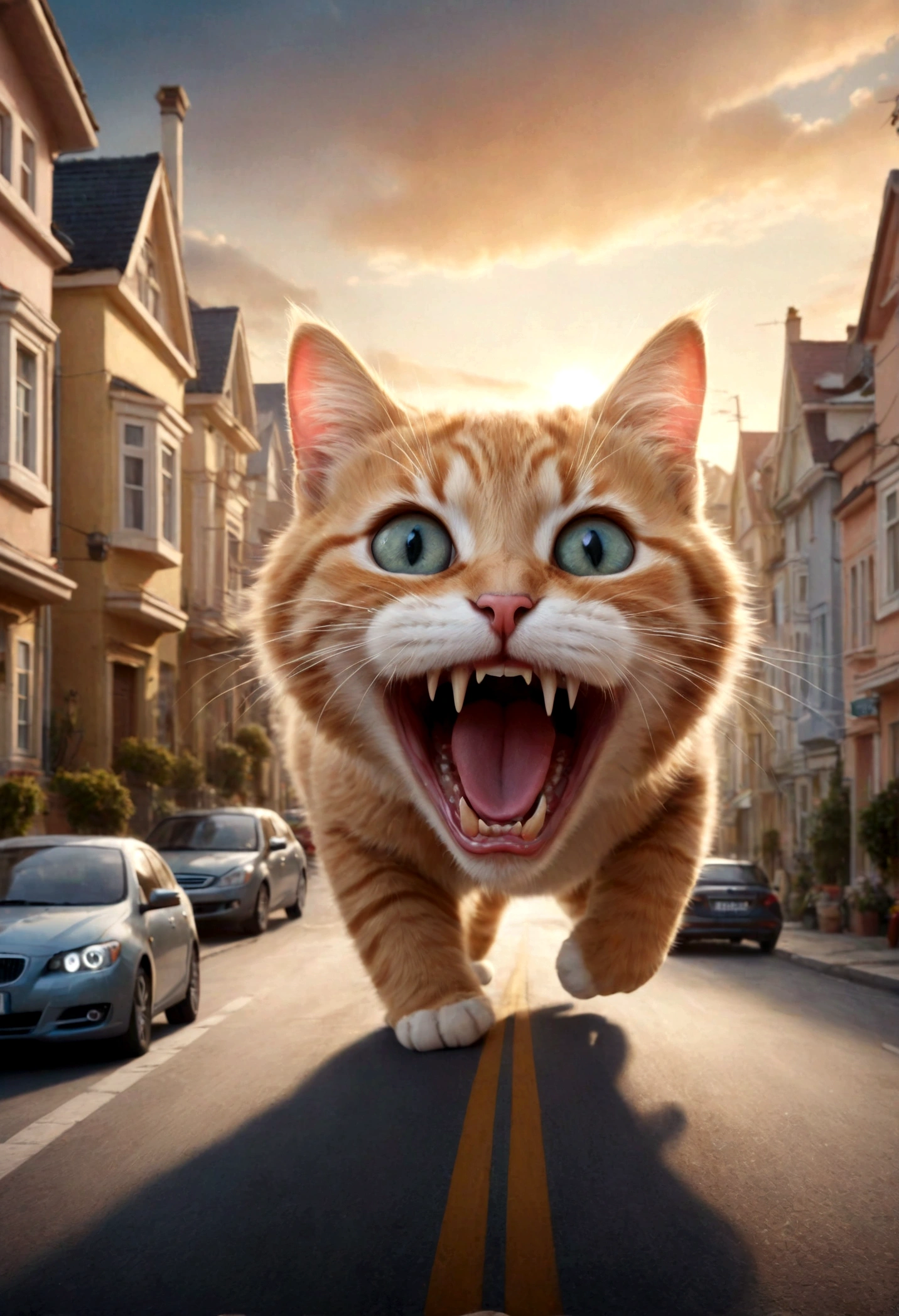 Giant cat in the room，indoor，living room，sofa，TV set，Look at the audience，Surrealism
