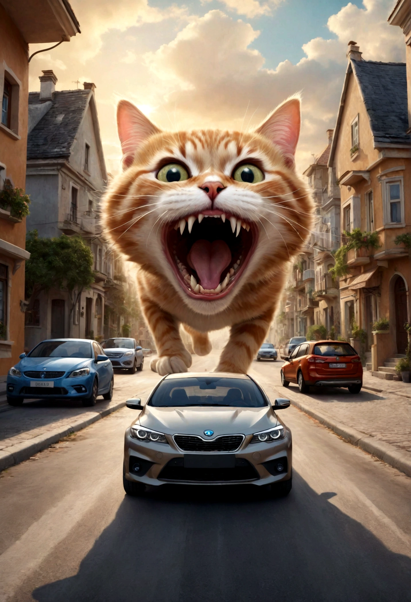 Giant cat in the room，indoor，living room，sofa，TV set，Look at the audience，Surrealism
