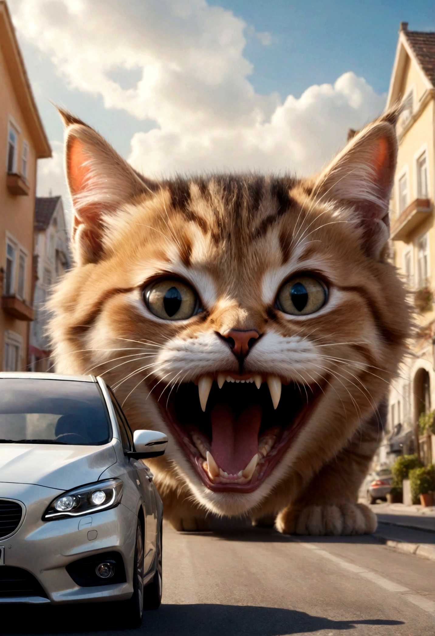 Giant cat in the room，indoor，living room，sofa，TV set，Look at the audience，Surrealism