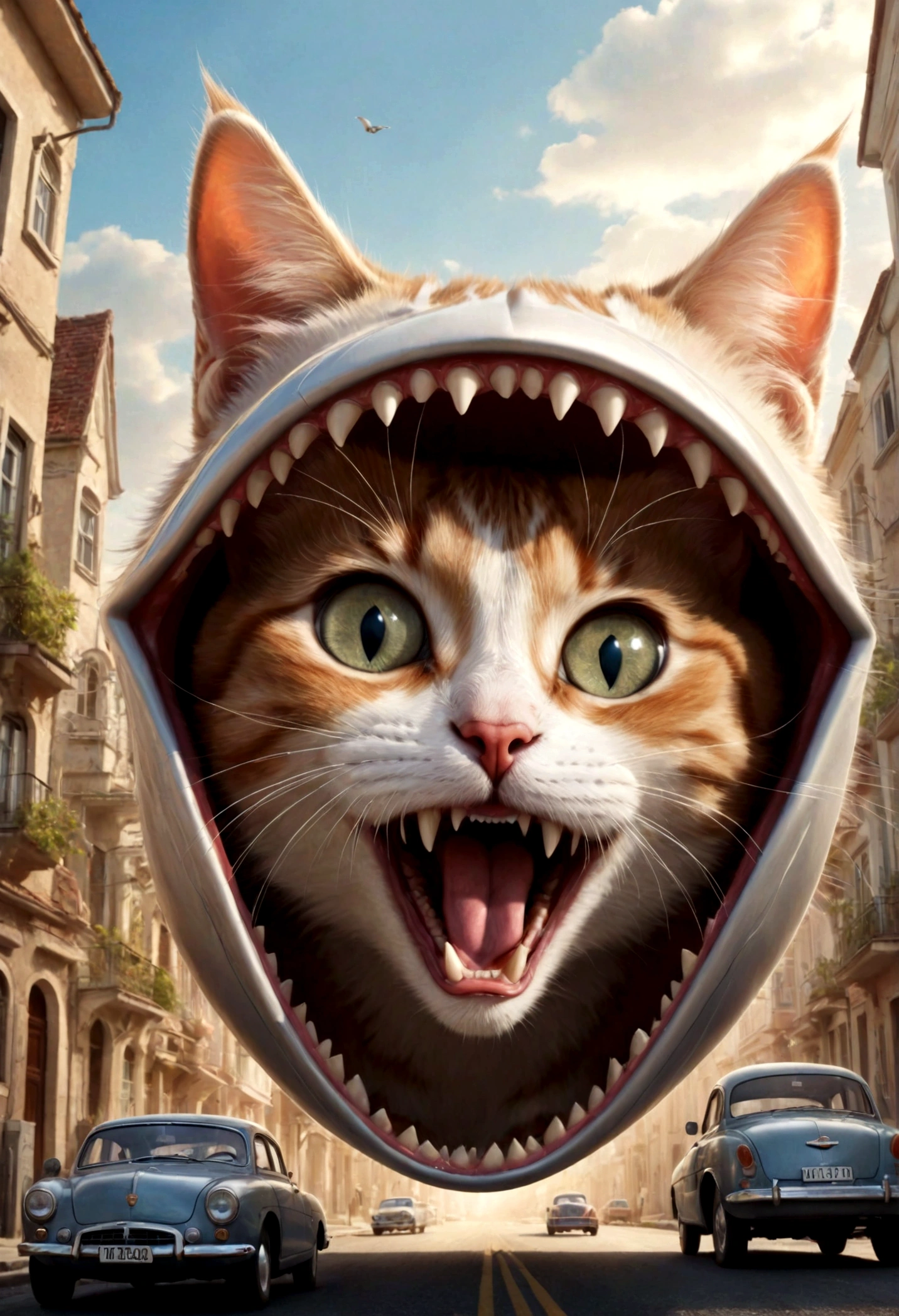 Giant cat in the room，indoor，living room，sofa，TV set，Look at the audience，Surrealism