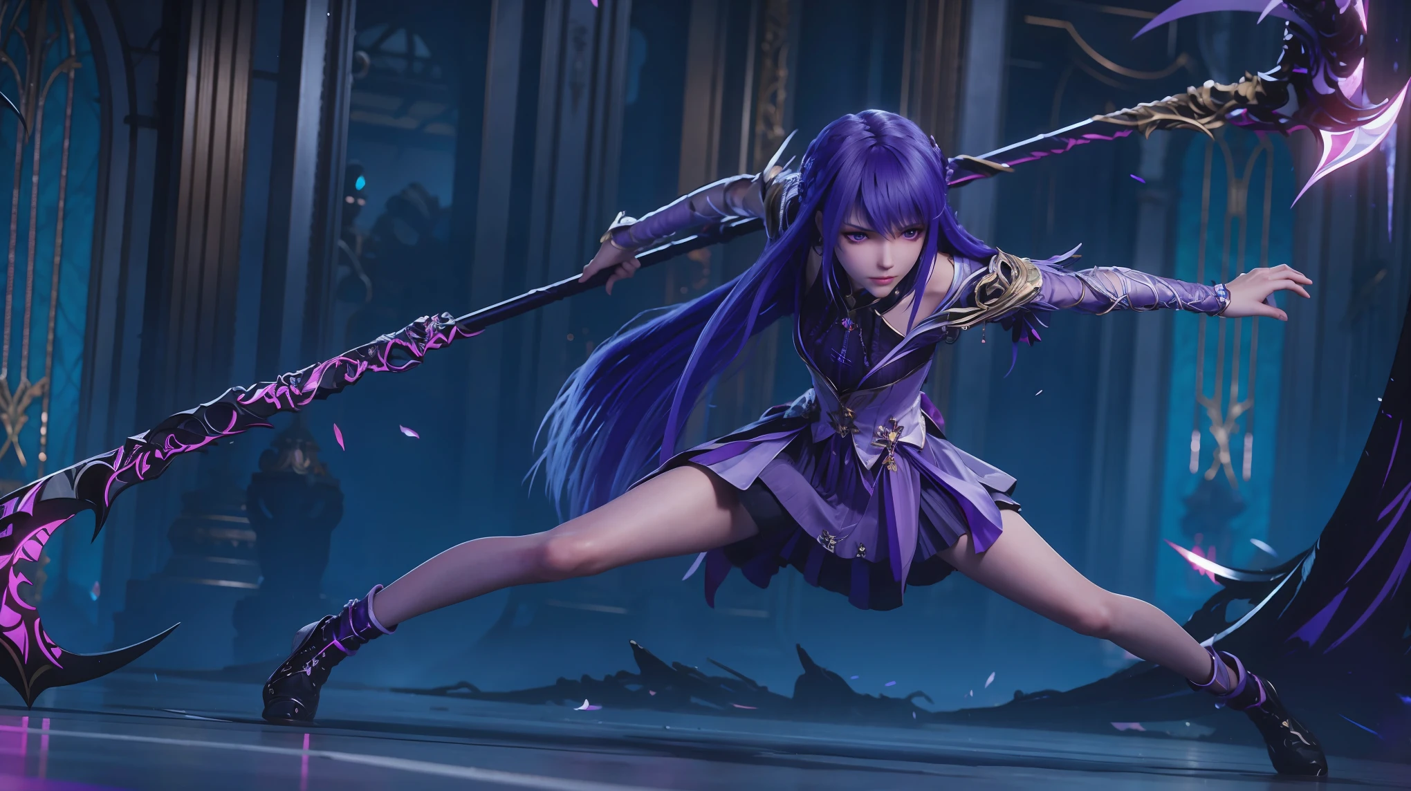 a woman with a scythe in a dark room, anime girl, combat pose, crawling forward, attacking pose, full body, high resolution, purple dress, detailed purple hair, purple eyes, karmina, full body view
