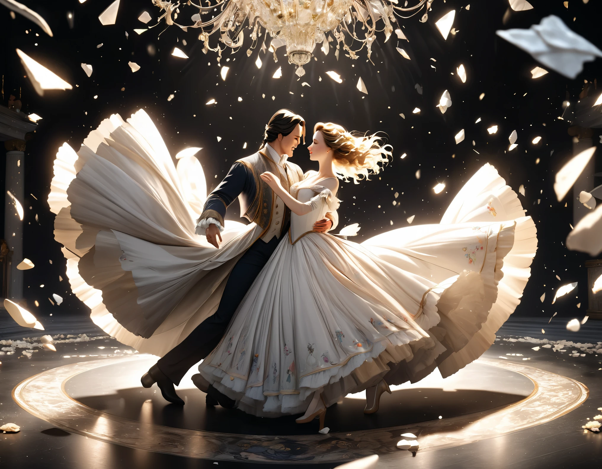 /I In front of a deep black backdrop, An 18th century couple is captured mid-dancing, the woman’s attire resembles a whirlwind of marble and porcelain fragments. Illuminated by the gleam of scattered porcelain shards which creates a dreamlike and theatrical atmosphere around the dancing couple. This masterpiece is depicted in 8k resolution, extremely detailed, gorgeous scenery.