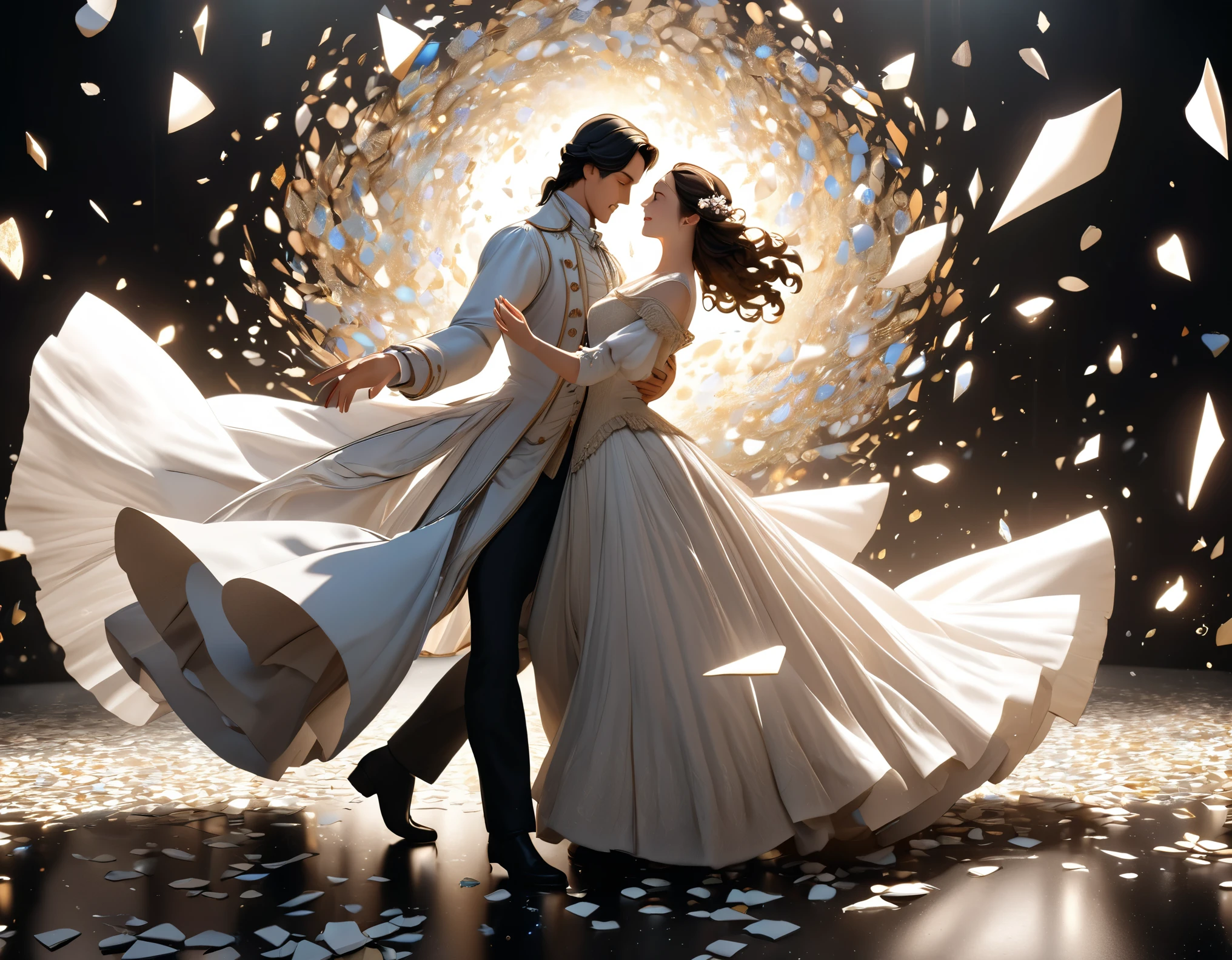 /I In front of a deep black backdrop, An 18th century couple is captured mid-dancing, the woman’s attire resembles a whirlwind of marble and porcelain fragments. Illuminated by the gleam of scattered porcelain shards which creates a dreamlike and theatrical atmosphere around the dancing couple. This masterpiece is depicted in 8k resolution, extremely detailed, gorgeous scenery.