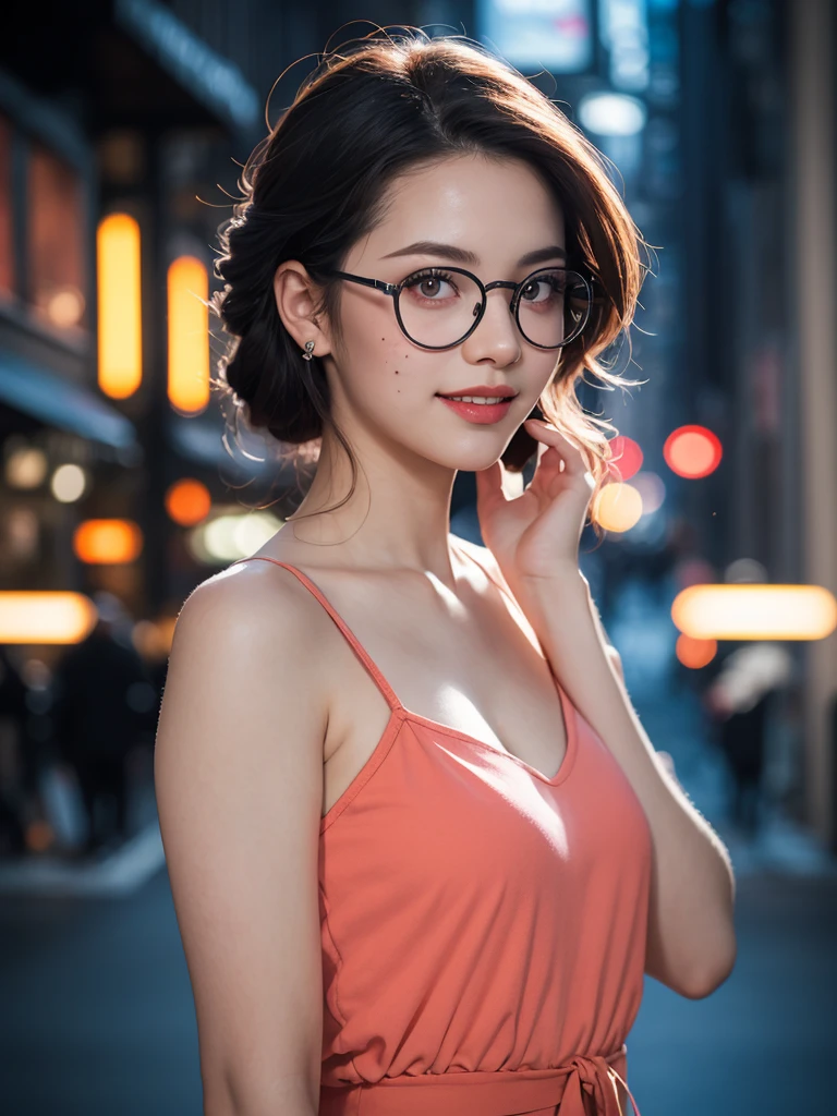 (masterpiece, best quality:1.2), (8k uhd, 16k, 32k, ultra high res), (photorealistic:1.37), (RAW photo), ultimate-realistic, ultimate-realistic details, ultimate-realistic texture, ultimate-intricate details, ultimate-realistic lighting, ultimate-realistic shadow, japanese girl, 24yo, ultimate-cute face, ultimate-RAW skin, ultimate-eyes, A glass woman, teenager, egirl, cosplay, 21yo, (Vintage hairstyle | Victory Rolls), butterfly glasses, big lips, round_eyewear, solo, pride, quite_a_bit_body, (looking at the viewer:1.1), orange_background, realistic, pink random camisole, 80s-style glasses, chin lifted, wide mouth smile, backlight silhouette_lighting, standing on dark street in a middle of a modern night city view, a blue neon light from building around it, a full moon in the sky, energy aura emerge in the air, film grain, Hasselblad X2D 100C + XCD 2,5/25V, F/1.8, (cinematic still:1.2), freckles, 35mm photograph, film, bokeh, professional, 4k, highly detailed, perfect fingers ,Extremely Realistic, UHD,