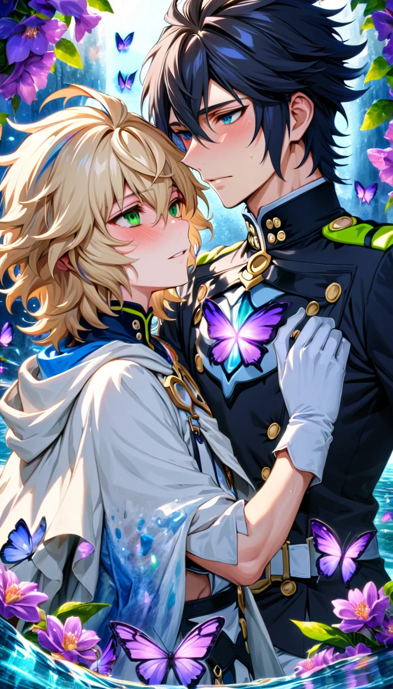 Ultra detailed, highres, absurdres, HDR, master piece, Hyakuya Mikaela, wavy blond hair, expressive blue eyes, Hyakuya Yuu, black hair, expressive green eyes, white fantasy clothes, white cape, Owari No Seraph, fantasy, petals, purple butterflies, purple flowers, water, white gloves, two sexy men together, gay couple, love, magic, best quality, extremely detailed face and eyes, yaoi, handsome
