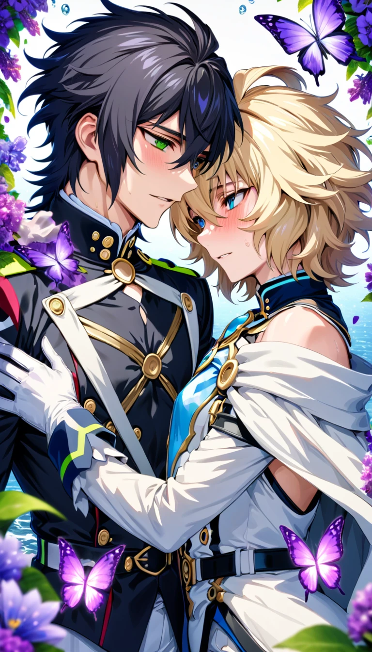 Ultra detailed, highres, absurdres, HDR, master piece, Hyakuya Mikaela, wavy blond hair, expressive blue eyes, Hyakuya Yuu, black hair, expressive green eyes, white fantasy clothes, white cape, Owari No Seraph, fantasy, petals, purple butterflies, purple flowers, water, white gloves, two sexy men together, gay couple, love, magic, best quality, extremely detailed face and eyes, yaoi, handsome