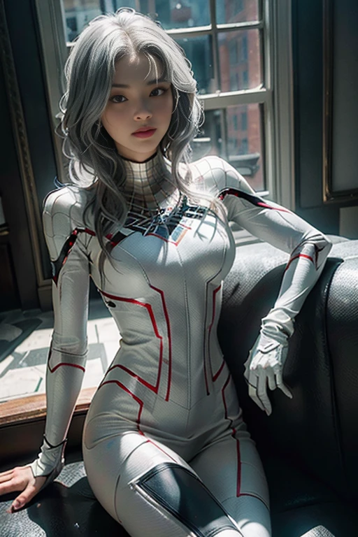 (Extreme Detail CG Unity 8K wallpaper, masterpiece, highest quality), (Exquisite lighting and shadow, highly dramatic picture, Cinematic lens effect), a girl in a white Spider-Man costume, silver gray hair color, from the Spider-Man parallel universe, Wenger, Marvel, Spider-Man, sitting on the couch, dynamic pose), (excellent detail, excellent lighting, wide angle), (excellent rendering, enough to stand out in its class), focus on white Spider-Man costumes, complex spider textures