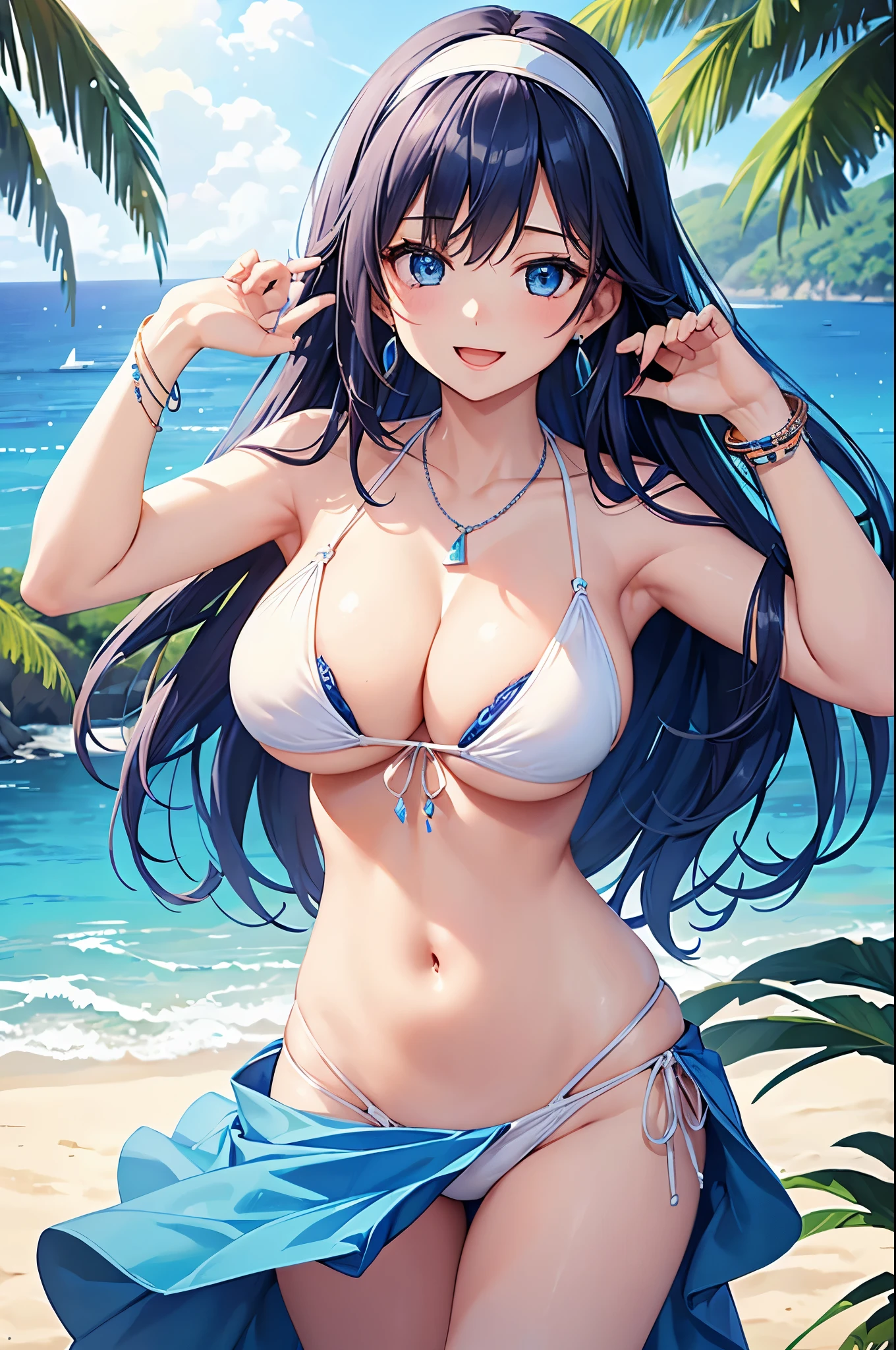 highest quality、highest quality、masterpiece、beautiful girl、Navy blue long hair、blue eyes、(Sexy White Bikini:1.3)、Big cleavage、(Big Breasts)、smile、blue necklace、Blue Earrings、background(Beach)、Please open your mouth wide、White headband、bracelet、Dynamic pose