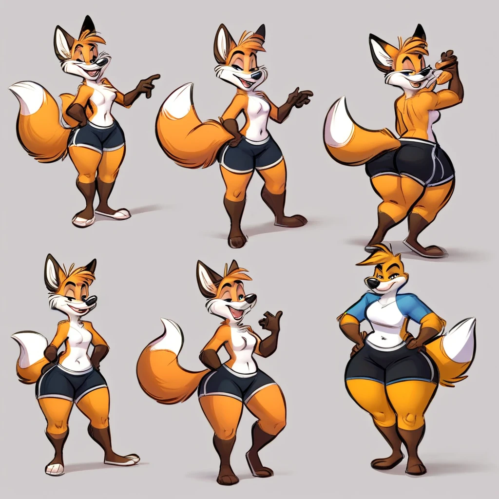 A anthropomorphic fox, wearing black swimming shorts, and a anthropomorphic female fox is putting her hump into Daffy duck from Looney Tunes, daffy is wearing blue swimming shorts, has thick thighs, Daffy has a smug expression, both of them are standing in a dynamic pose, has thick thighs, high quality, crisp,