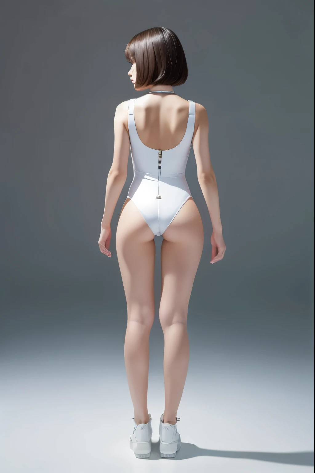 A  female android with a short bob and a baby face.、Wearing a white high leg leotard protector、Full body image、Charge by inserting the connector into the charging port on the back、Back view、