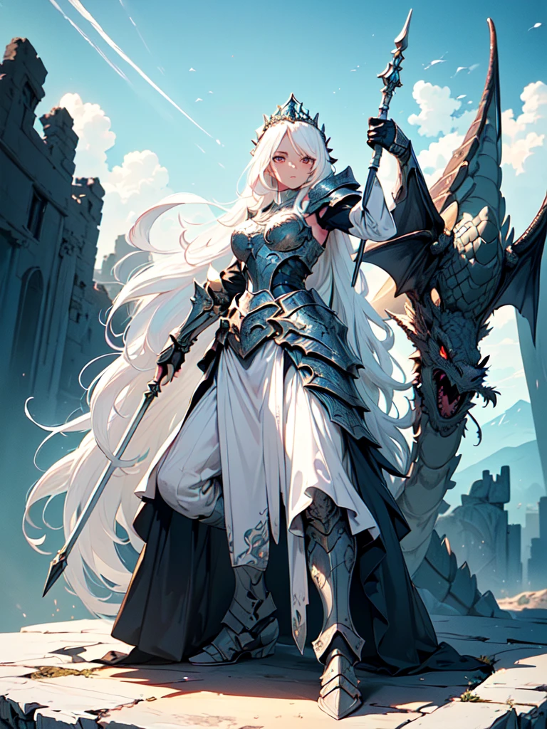 (((masterpiece, best quality, 8k)))Design a layout showcase Fantasy character, (1girl), ((mounted on a dragon)). Beautiful armor, wielding a spear, long white hair, wearing a tiara. ((detailed dragon:1.4)), white dragon, full of intricate details. (masterpiece:1.3), (best quality), 4k, ultra-detailed. (Dynamic pose, heroic stance:1.5), (dramatic lighting, atmospheric lighting). warrior, ((tiara:1.2)), (((long white hair:1.4))), spear, (((full_body_shot:1.5))). In a mystical landscape, high in the sky, with clouds and sunlight.