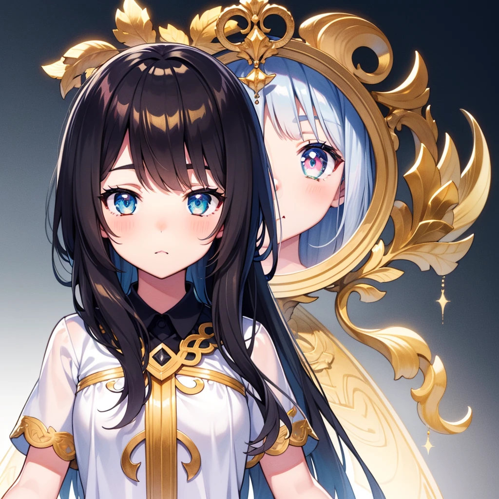 1girl、Close-up shot、Skinhead、vtuber half body、Golden Ratio、highest quality、Best illustrations、Very detailed、Upper Body、alone、1 girl、Looking into the camera、upright、Place your arms at your sides、Beautiful fine details、Concept Art、from the front、White Background、Simple Background、Big eyes、Very detailedな眼、、Short sleeve、water colored pencils、Kind Face、blush、Virtual YouTuber、