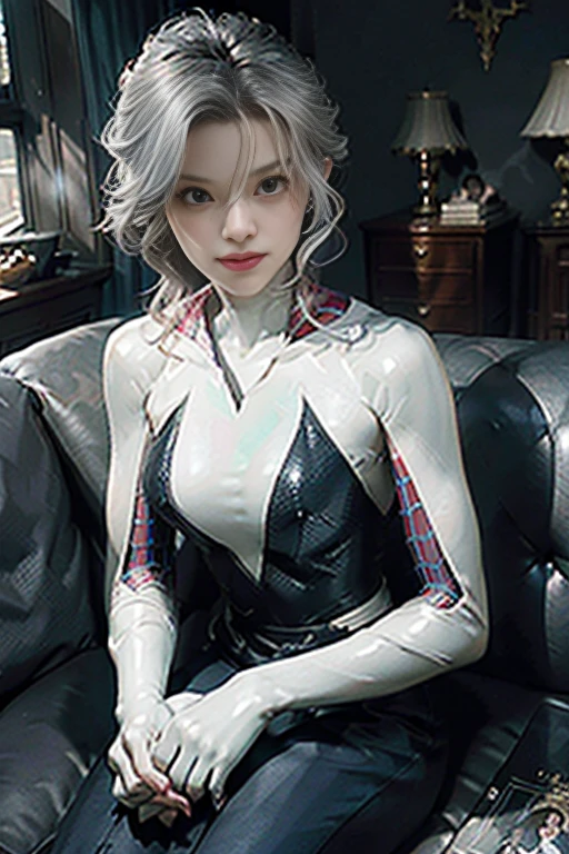 (Extreme Detail CG Unity 8K wallpaper, masterpiece, highest quality), (Exquisite lighting and shadow, highly dramatic picture, Cinematic lens effect), a girl in a white Spider-Man costume, silver gray hair color, from the Spider-Man parallel universe, Wenger, Marvel, Spider-Man, sitting on the couch, dynamic pose), (excellent detail, excellent lighting, wide angle), (excellent rendering, enough to stand out in its class), focus on white Spider-Man costumes, complex spider textures