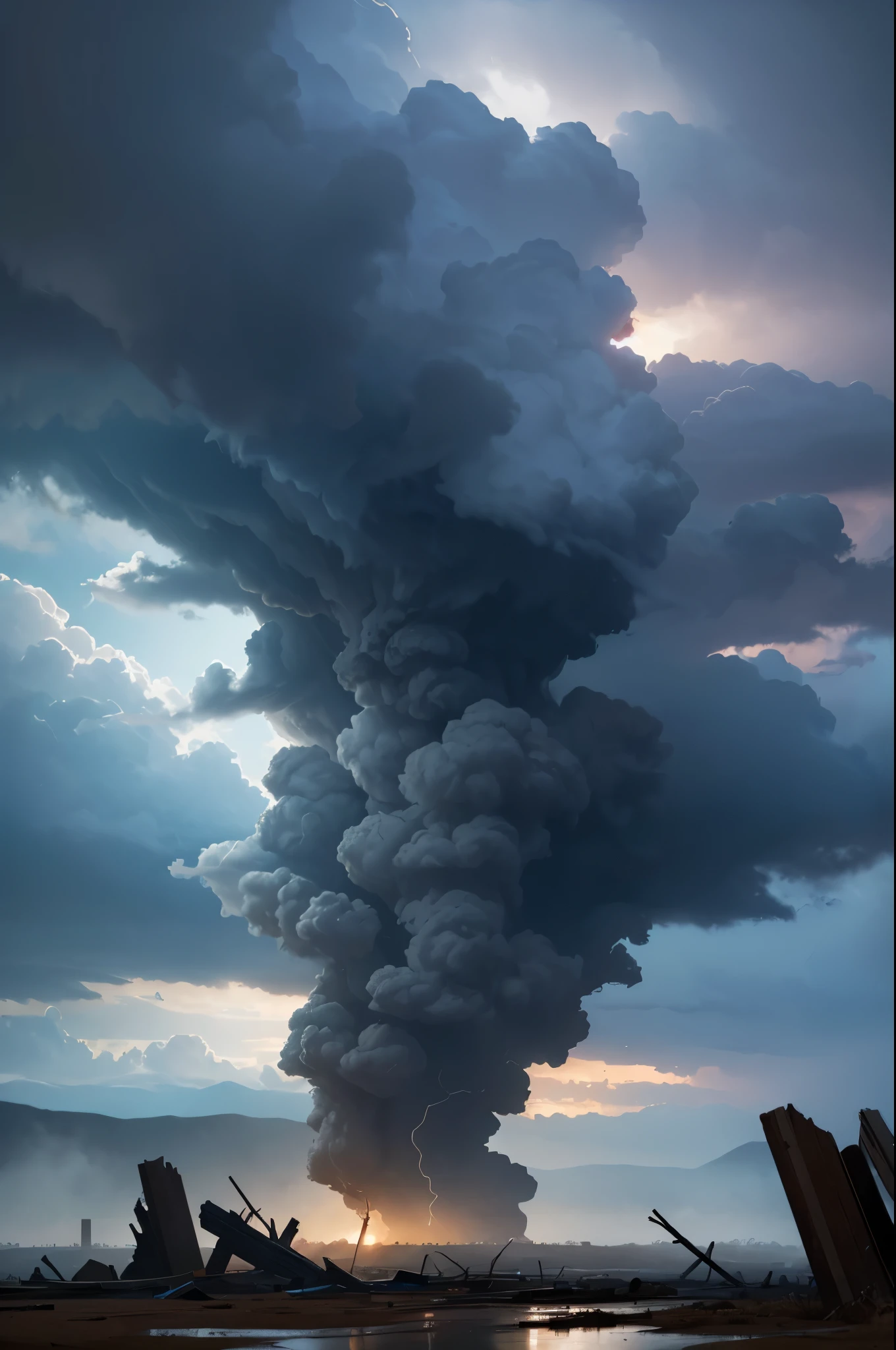 a dramatic biblical scene, a stormy sky, dark clouds, lightning, howling winds, a ruined landscape, fallen trees, destruction, despair, apocalyptic, moody lighting, cinematic, dramatic, detailed, (best quality,4k,8k,highres,masterpiece:1.2),ultra-detailed,(realistic,photorealistic,photo-realistic:1.37),HDR,UHD,studio lighting,ultra-fine painting,sharp focus,physically-based rendering,extreme detail description,professional,vivid colors,dramatic lighting,muted color palette,moody atmosphere,epic scale