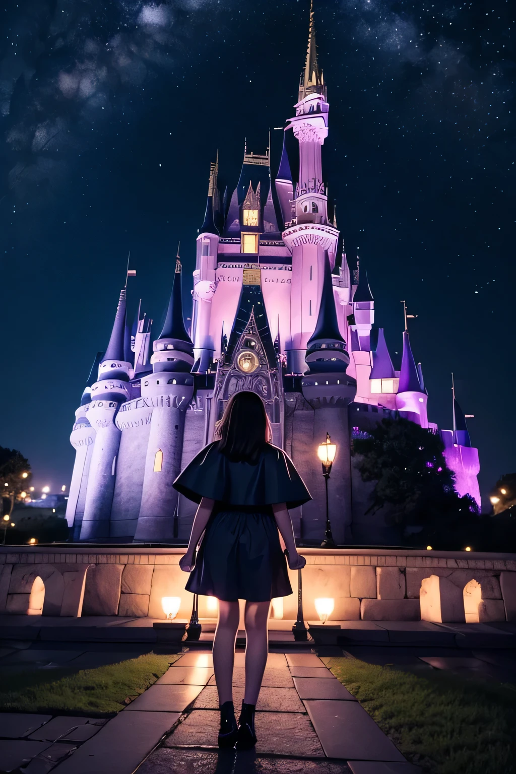 night sky, castle, 1girl, standing, solo, full body, , maribe, puffy short sleeves, cape, bag