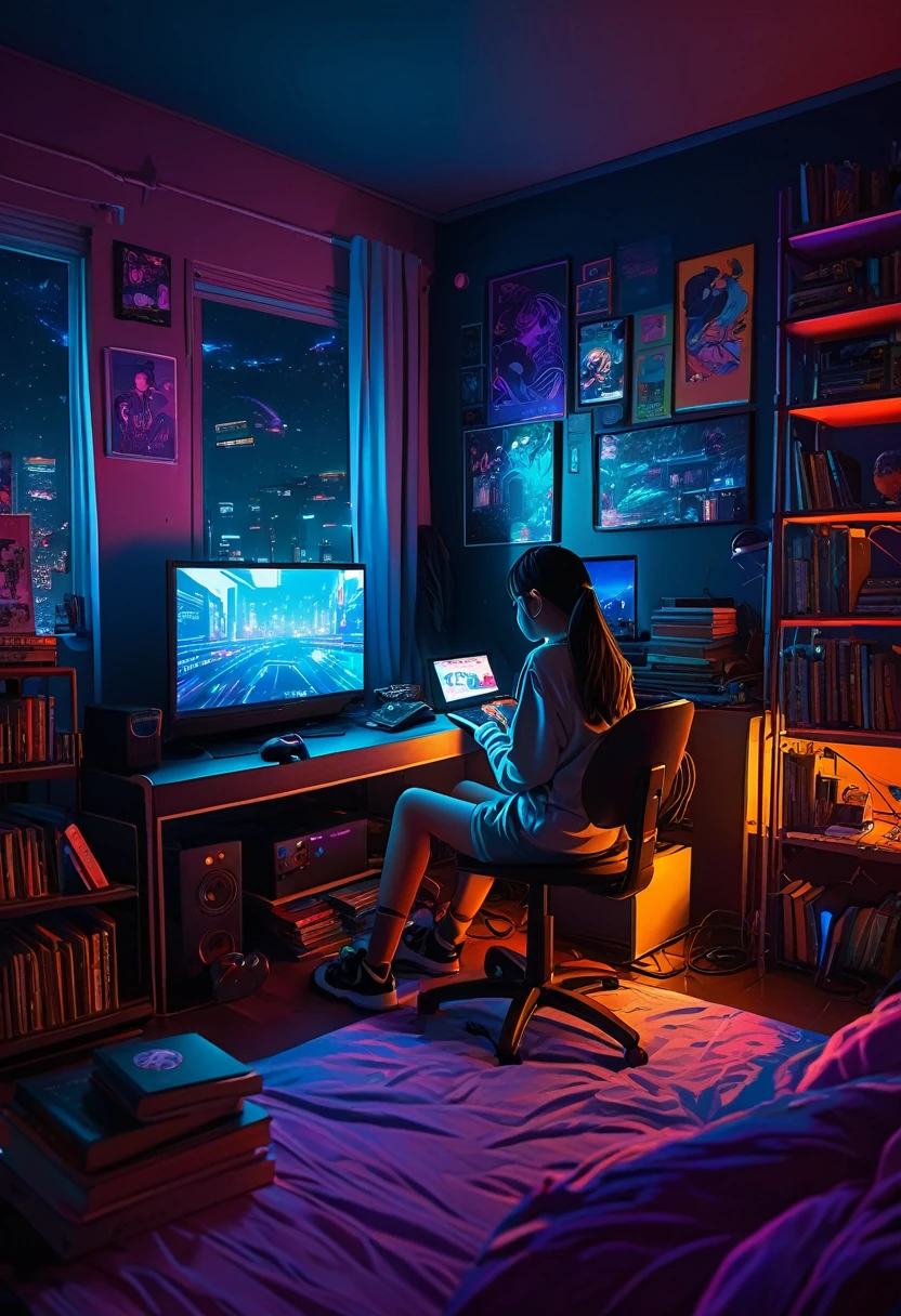 there is a girl sitting on a bed in a room playing video games, big television, room with books, cyberpunk, inspired by Liam Wong, at night, dark room, lo-fi illustration style, gamer room, studying in the room, cyril rolling over and m.w kaluta, teenm.