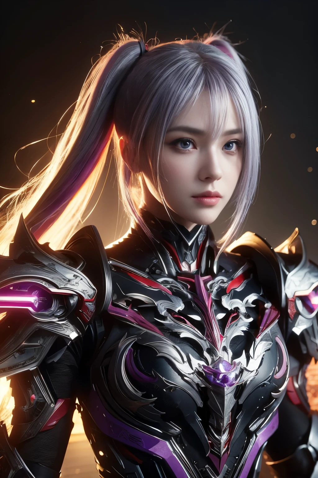 masterpiece, best quality, illustration, beautiful detailed eyes, colorful background, mechanical prosthesis, mecha coverage, emerging dark purple across with white hair, pig tails, disheveled hair, fluorescent purple, cool movement, rose red eyes, beatiful detailed cyberpunk city, multicolored hair, beautiful detailed glow, 1 girl, expressionless, cold expression, insanity, long bangs, long hair, lace, dynamic composition, motion, ultra - detailed, incredibly detailed, a lot of details, amazing fine details and brush strokes, smooth, hd semirealistic anime cg concept art digital painting, cyborg style,
