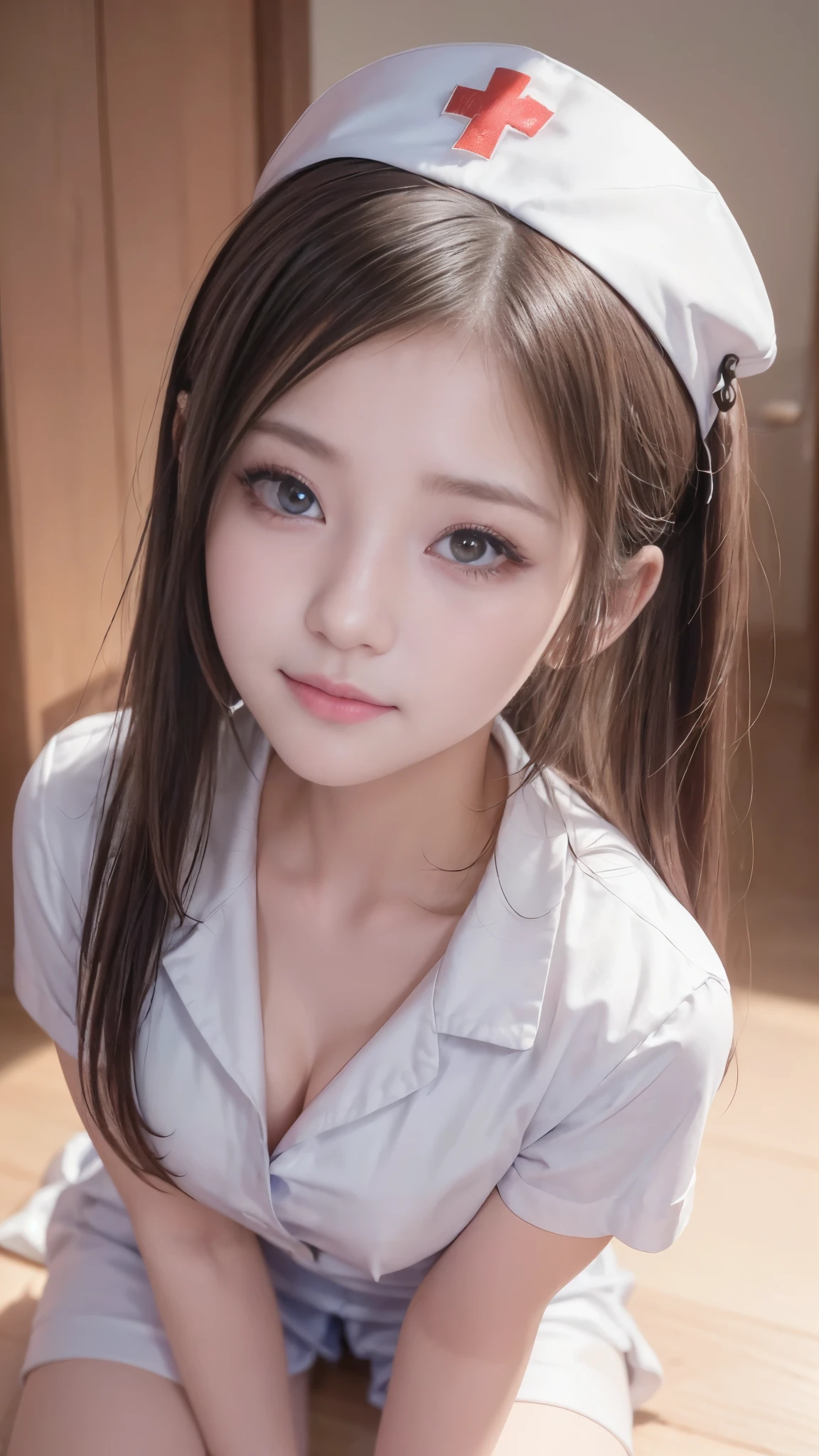 (((Close-up of a girl's face, Focus on faces))), Twin tails, ((Beautiful girl in cute nurse uniform:1.3)), ((Beautiful girls:1.2, Baby Face:1.5, Idoce:1.2)), ((Beautiful small face:1.2, Beautifully shaped nose, Moisturizing lips, Groomed eyelashes, double eyelid)), Beautiful breasts, Cleavage, (Ultra-detailed), (ultra high resolution), (Detailed eyes and face:1.2), (highest quality, 8k, masterpiece:1.2, RAW Photos:1.1), (Accurate Shadows), (Photorealistic:1.37), (Filmed with a high-performance camera, Professional photography, Professional Lighting), Detailed skin quality, (Fine and beautiful skin), (nice smile), (Gaze at the viewer:1.2)