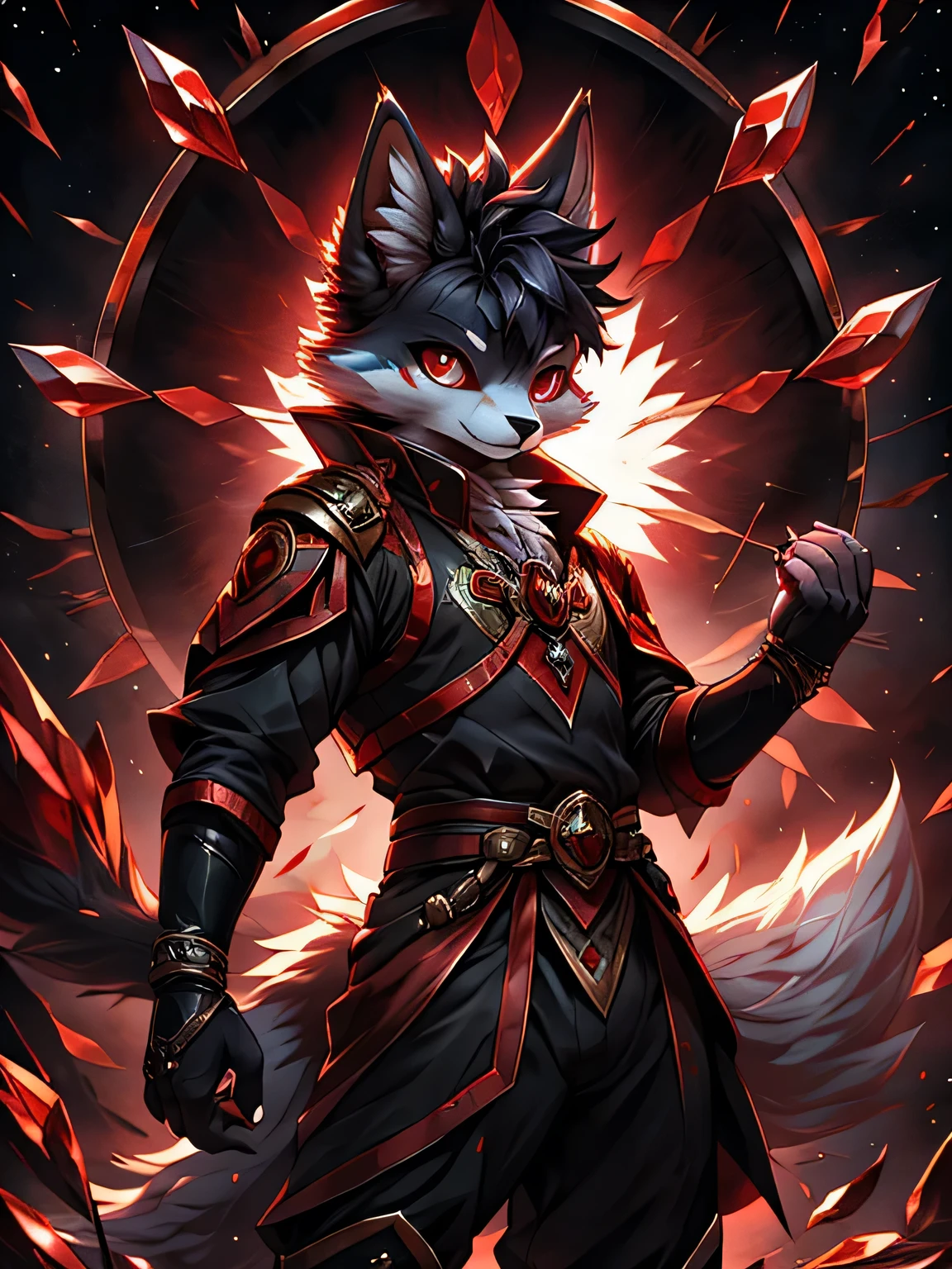  crystal, Star Fox, male,Dark Emerald Hair， (detailed), Fluffy, Solitary, Meticulous and pragmatic, Delicateeyes, ( The pupil of the Eye of the Blood Wheel), (( Black and red eyes)), excellent quality, High Detail, detailed fur, ((Tail in the correct position) ，He was wearing a white pair， Standing，Hitting on someone
