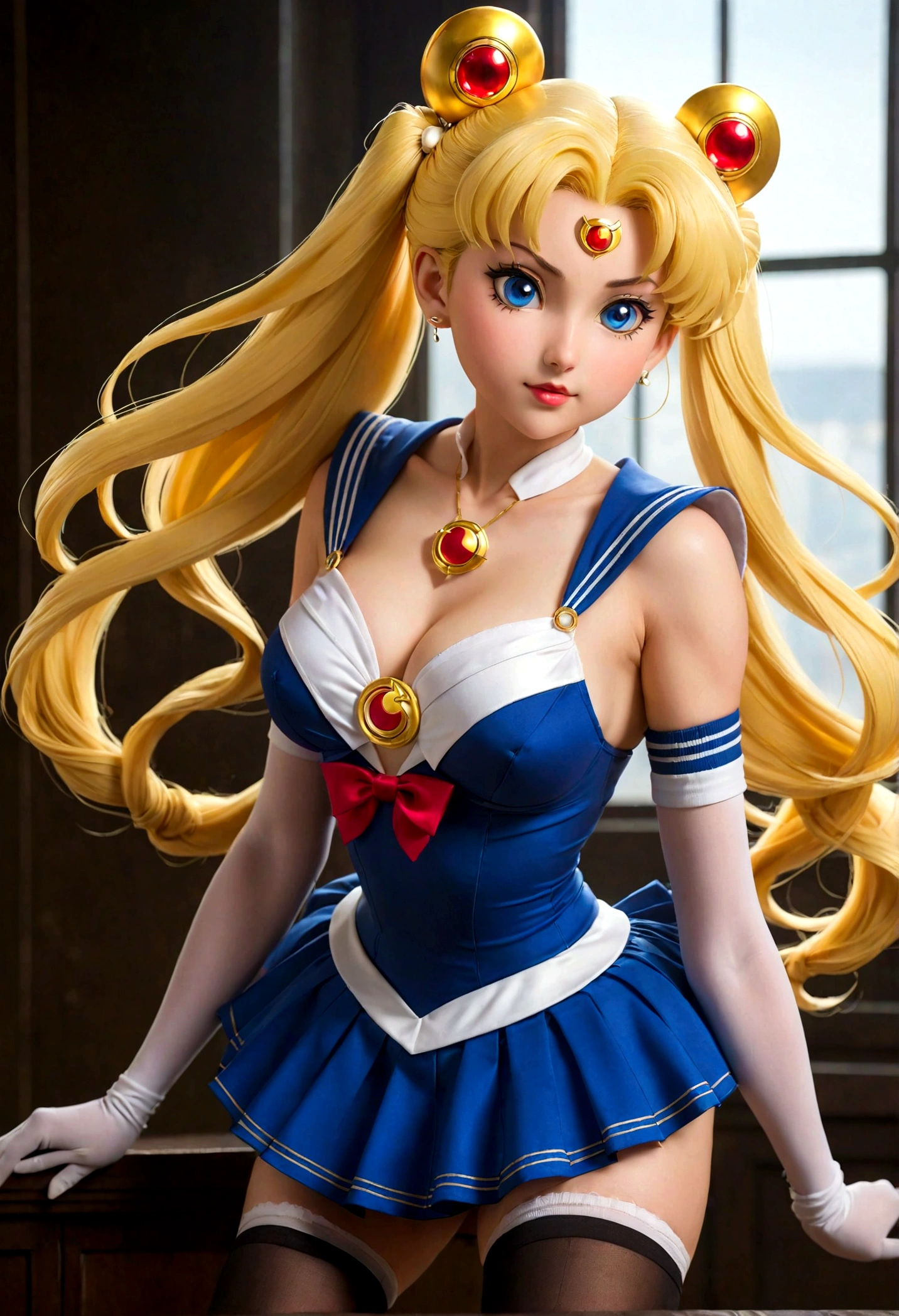 Sailor Moon, 35, is radiant in her iconic costume, striking a seductive pose that flaunts her huge, bra-less, covered breasts. Wearing a very short miniskirt and thigh high stocking with garter, high heel, the full-body shot, taken from below, shows her figure provocatively and gives a glimpse of her covered crotch. Shot in full frame, the image exudes a powerful allure reminiscent of the legendary heroine's youthful charm.