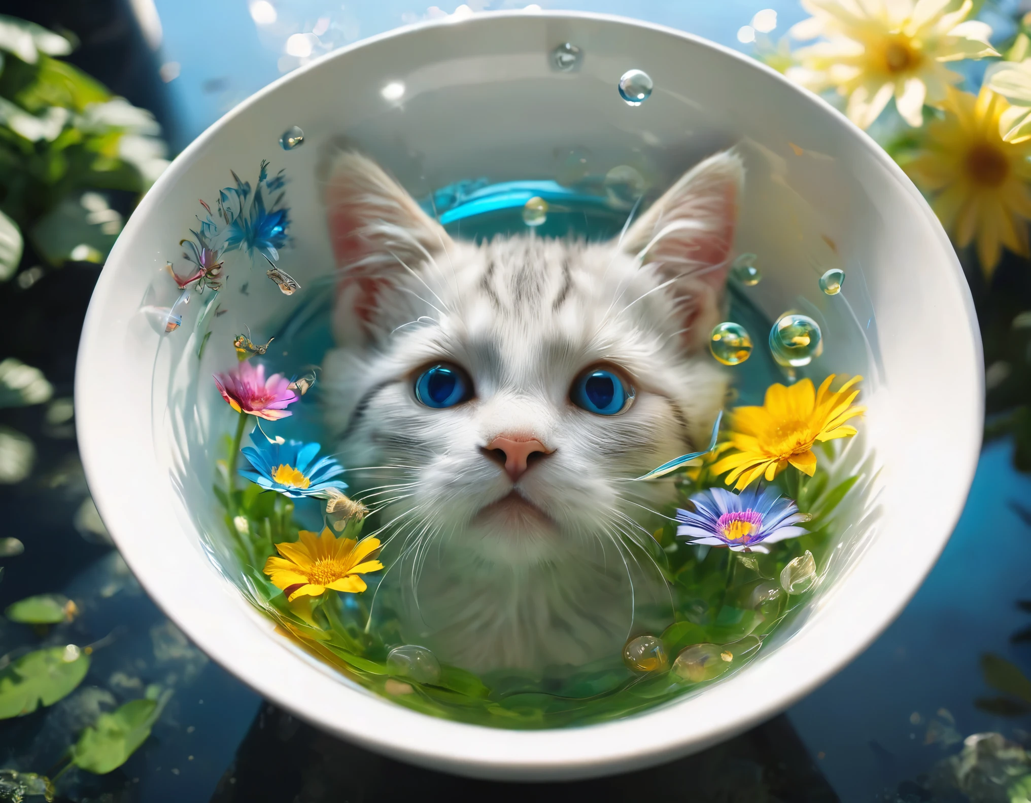 /I combining liquid kittens from science glass into flower of life bowl, surreal unexpected alchemical reaction